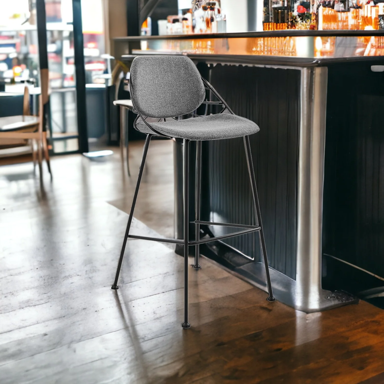 Set Of Two 40" Light Gray And Black Steel Low Back Bar Height Chairs With Footrest By Homeroots - Image 2