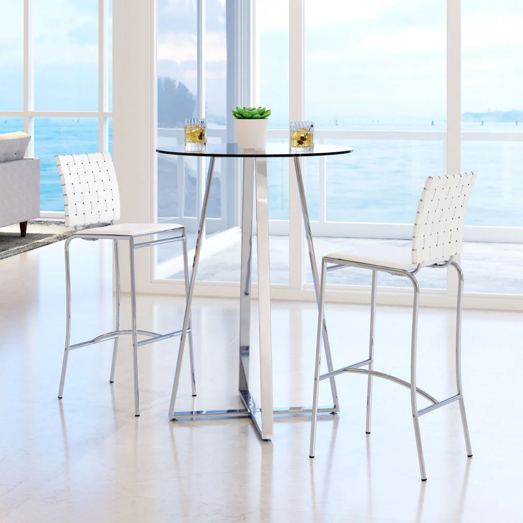 Set Of Two 41" White And Silver Steel Low Back Bar Height Chairs With Footrest By Homeroots - Image 6