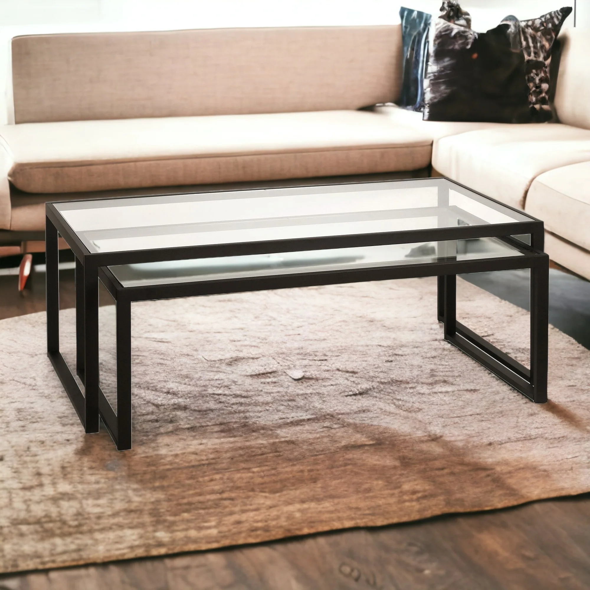 Set Of Two 46" Black Glass Rectangular Nested Coffee Tables By Homeroots - Image 5