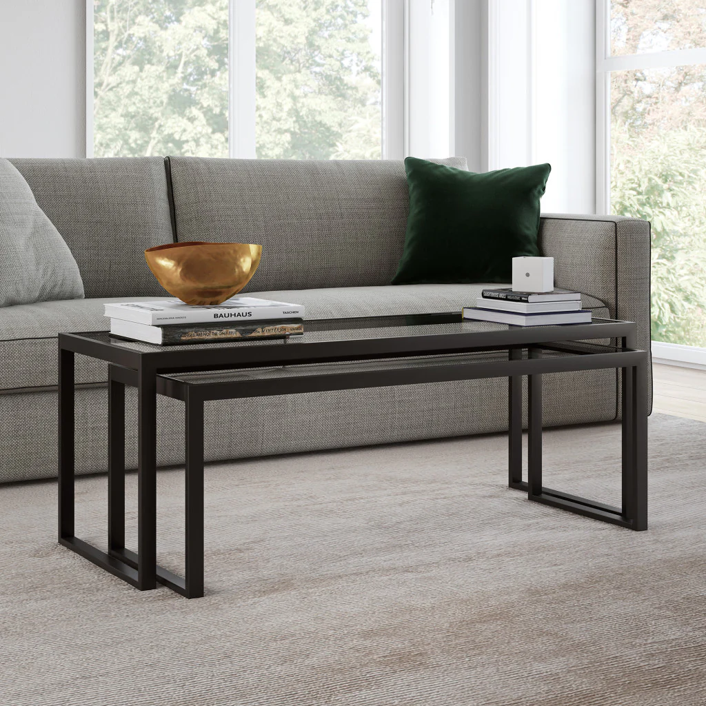 Set Of Two 46" Black Glass Rectangular Nested Coffee Tables By Homeroots - Image 6