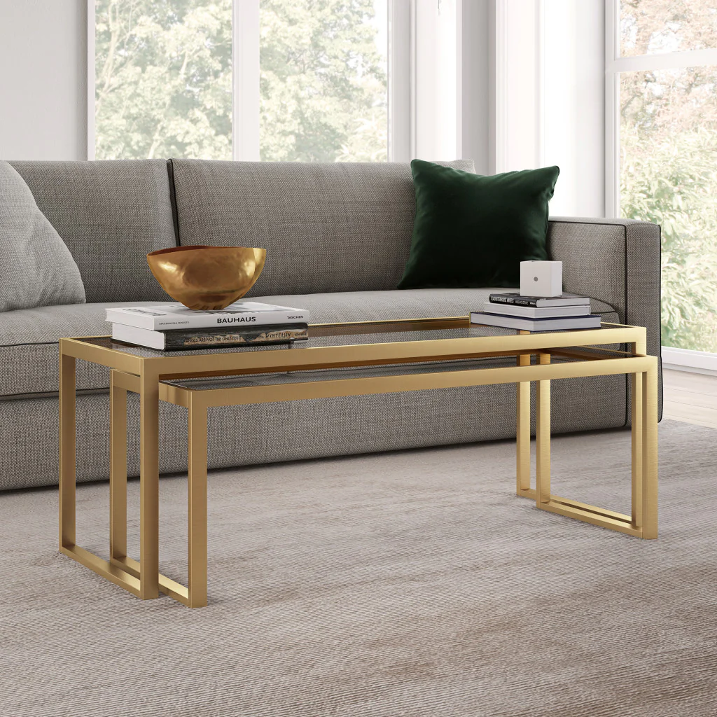 Set Of Two 46" Gold Glass Rectangular Nested Coffee Tables By Homeroots - Image 6