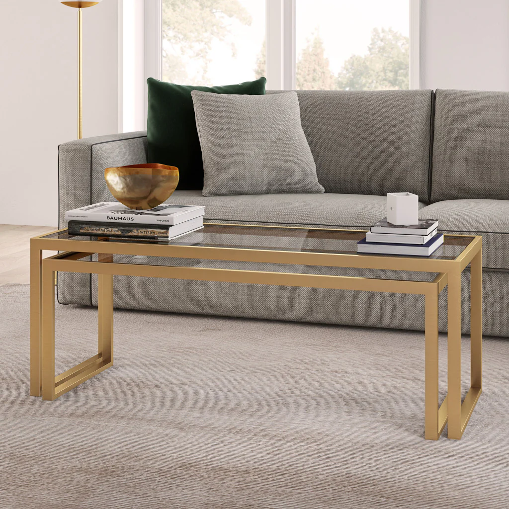 Set Of Two 46" Gold Glass Rectangular Nested Coffee Tables By Homeroots - Image 8