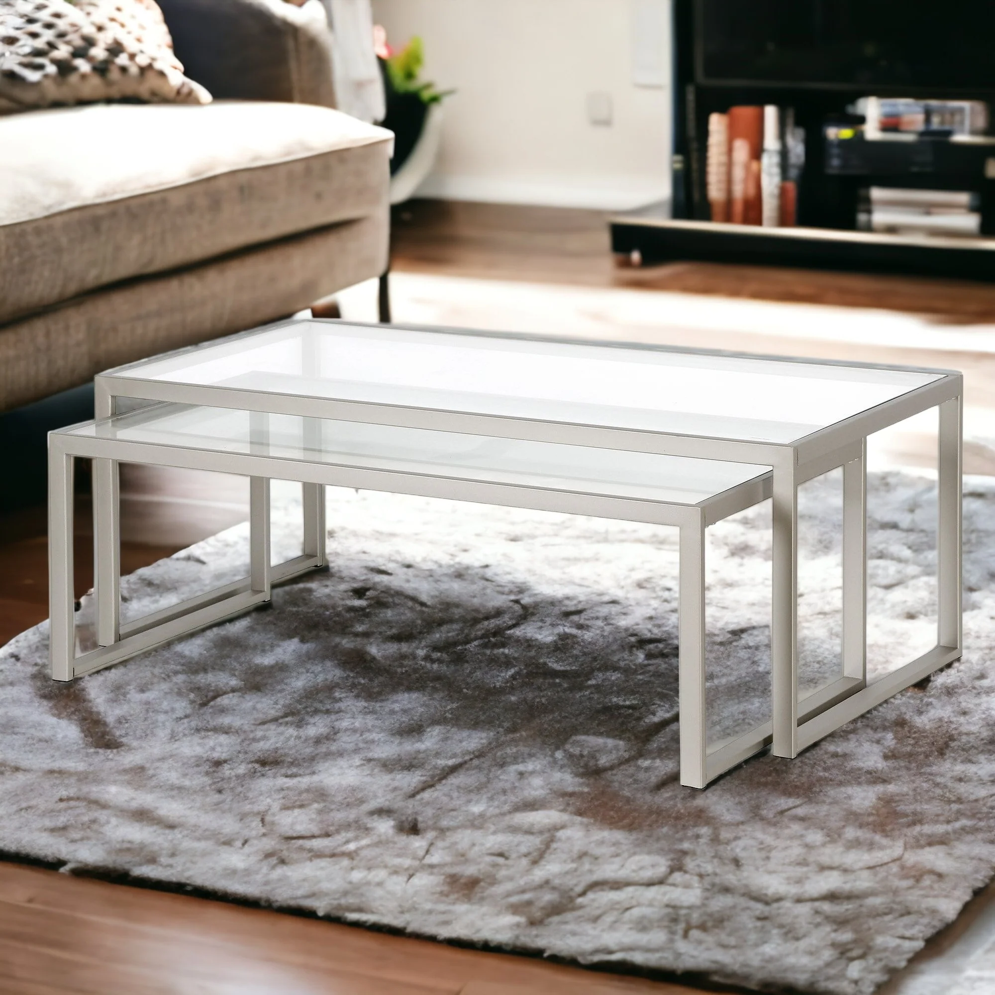 Set Of Two 46" Silver Glass Rectangular Nested Coffee Tables By Homeroots - Image 4