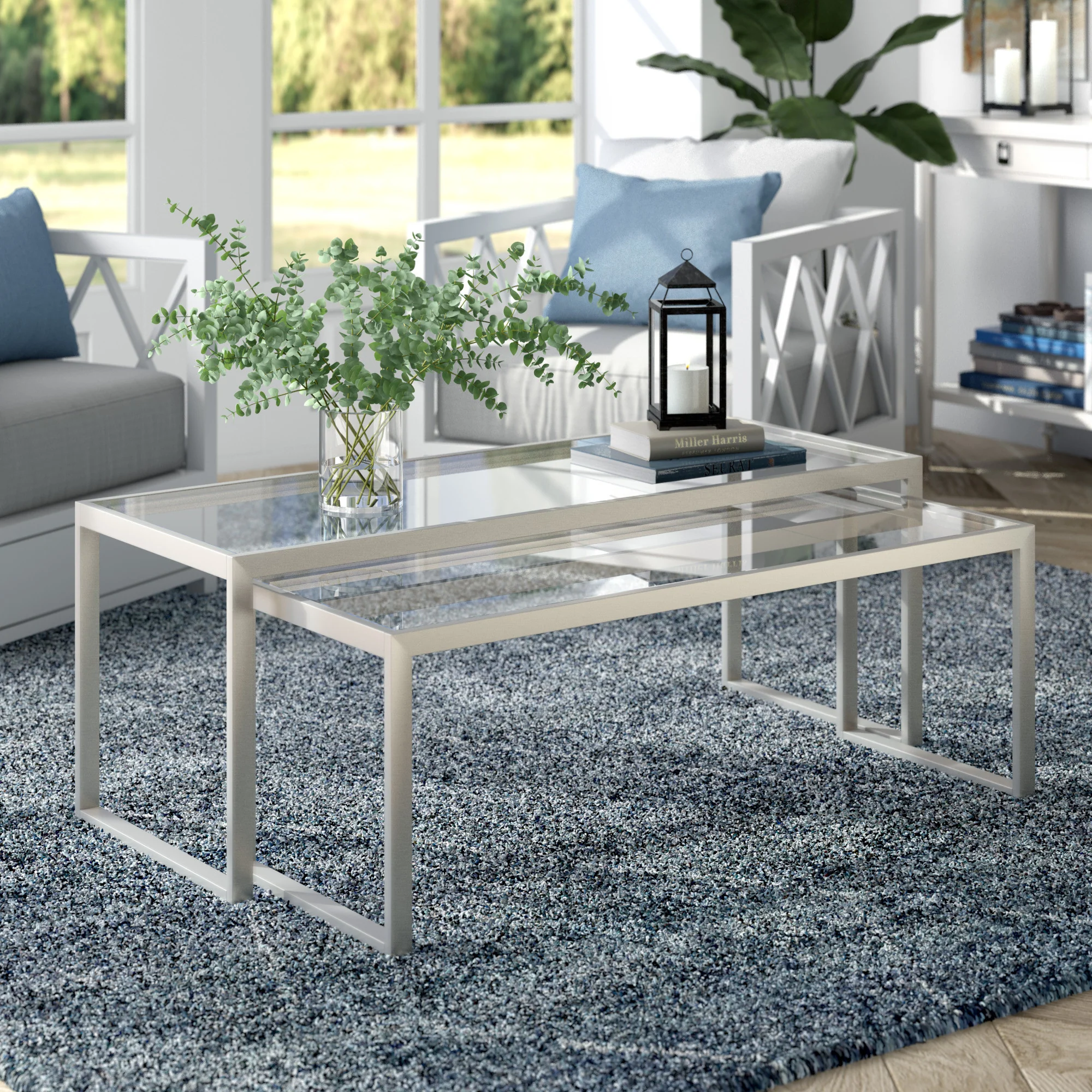 Set Of Two 46" Silver Glass Rectangular Nested Coffee Tables By Homeroots - Image 6