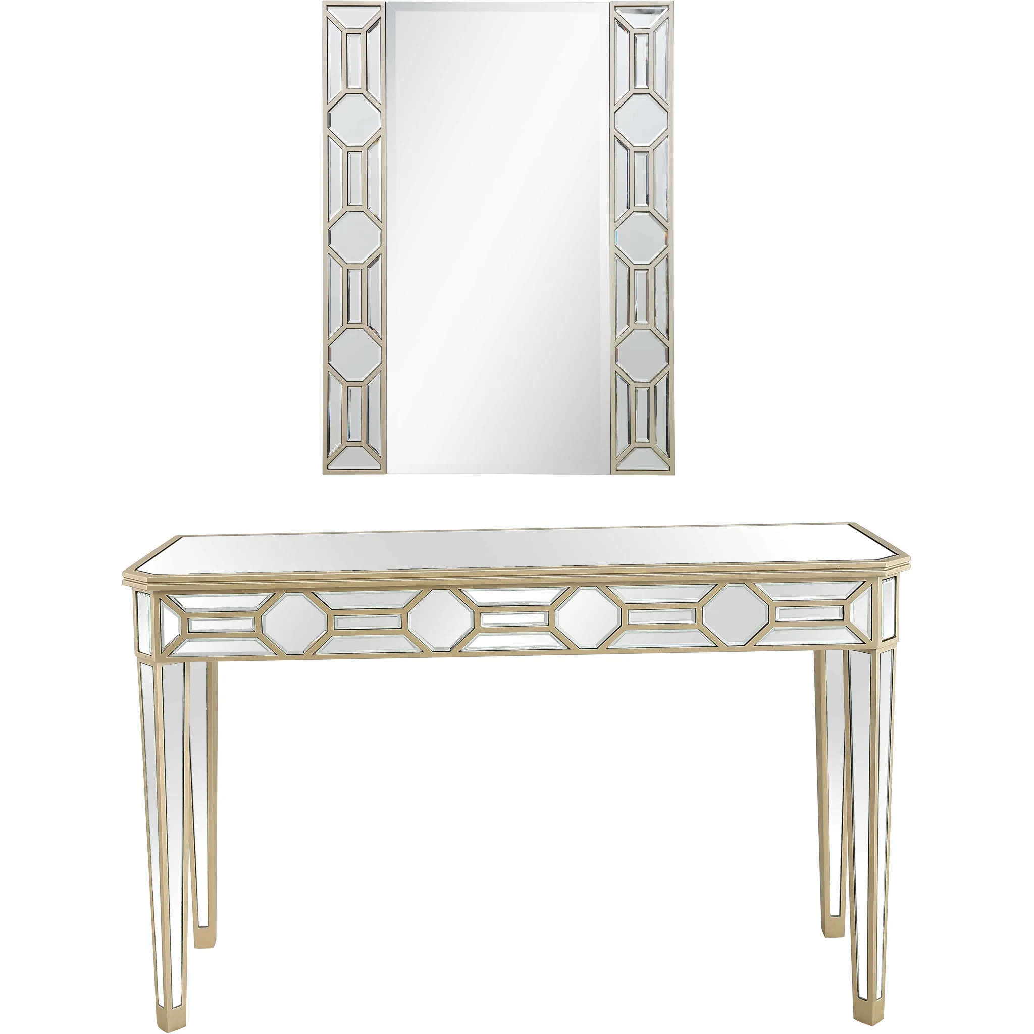 Set of Two 47" Silver and Champagne Mirrored Glass Console Table and Mirror By Homeroots - Image 2