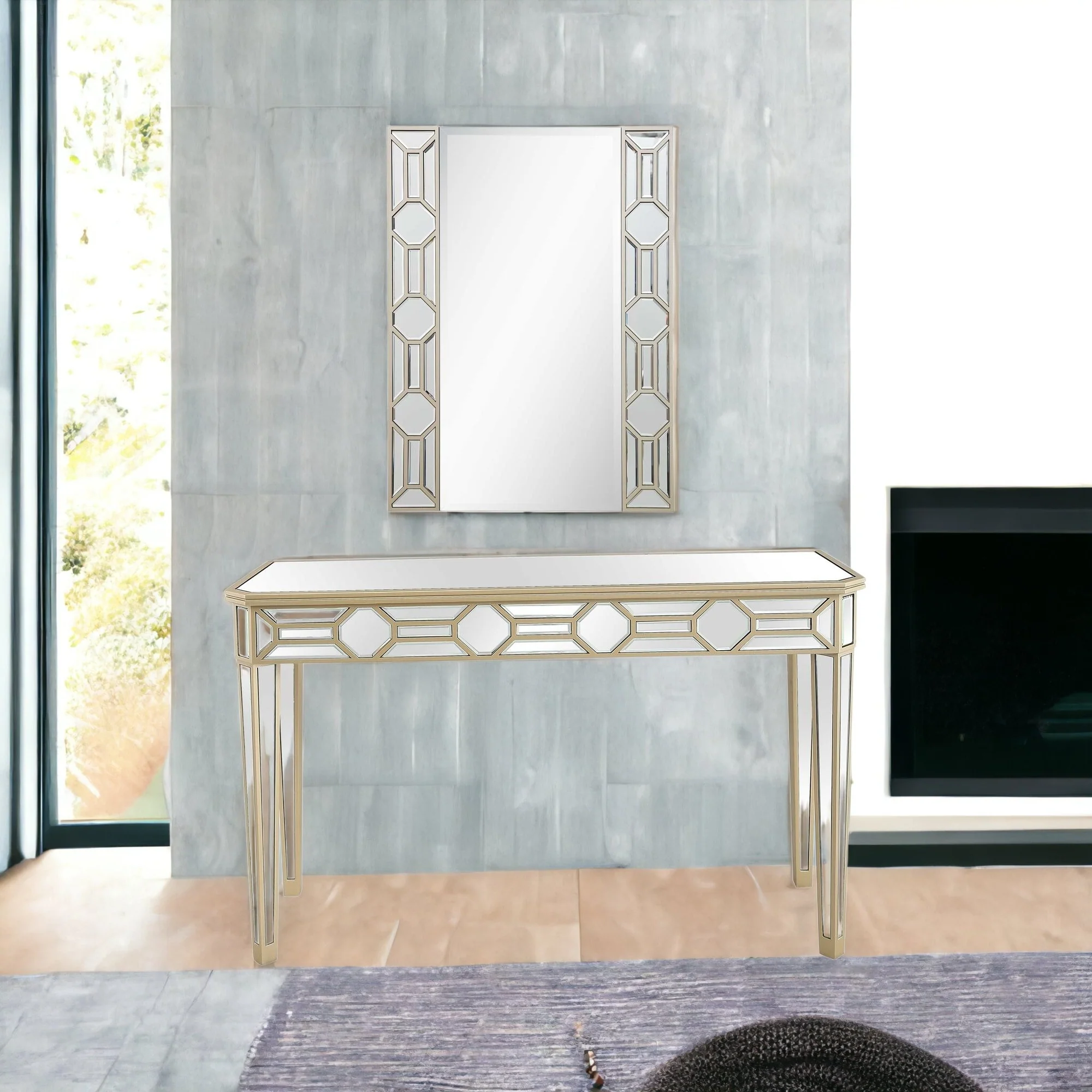 Set of Two 47" Silver and Champagne Mirrored Glass Console Table and Mirror By Homeroots - Image 4