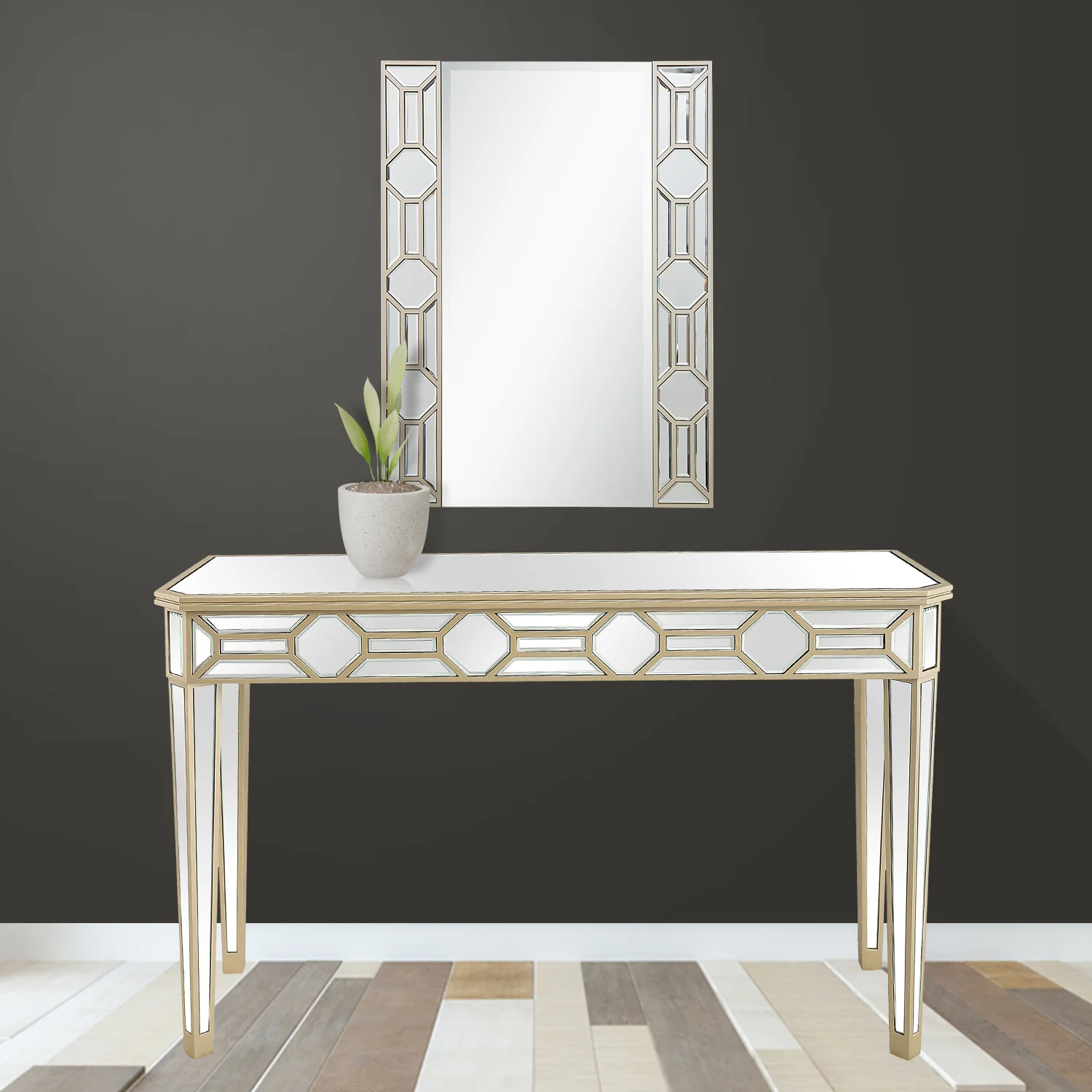 Set of Two 47" Silver and Champagne Mirrored Glass Console Table and Mirror By Homeroots - Image 8