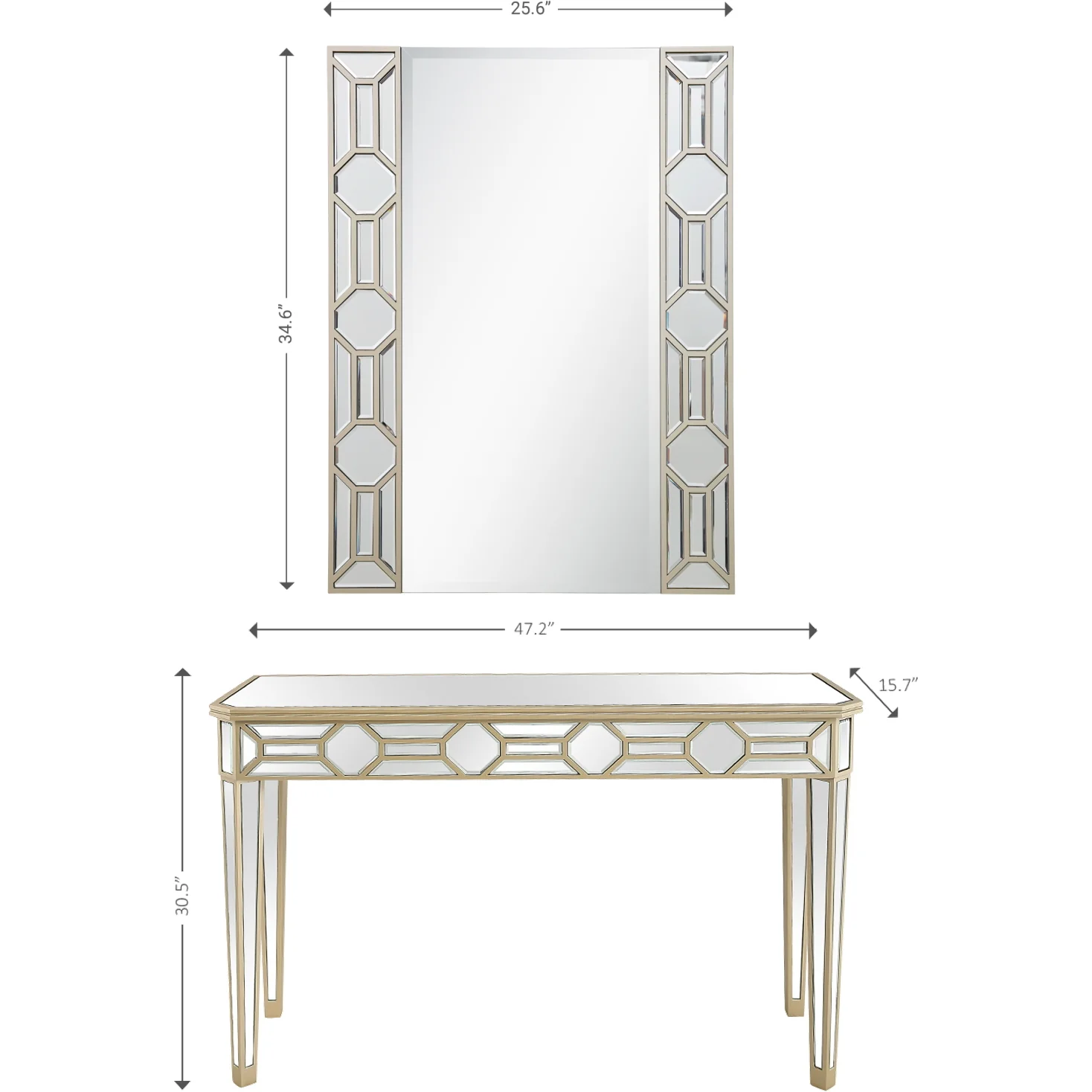 Set of Two 47" Silver and Champagne Mirrored Glass Console Table and Mirror By Homeroots - Image 9