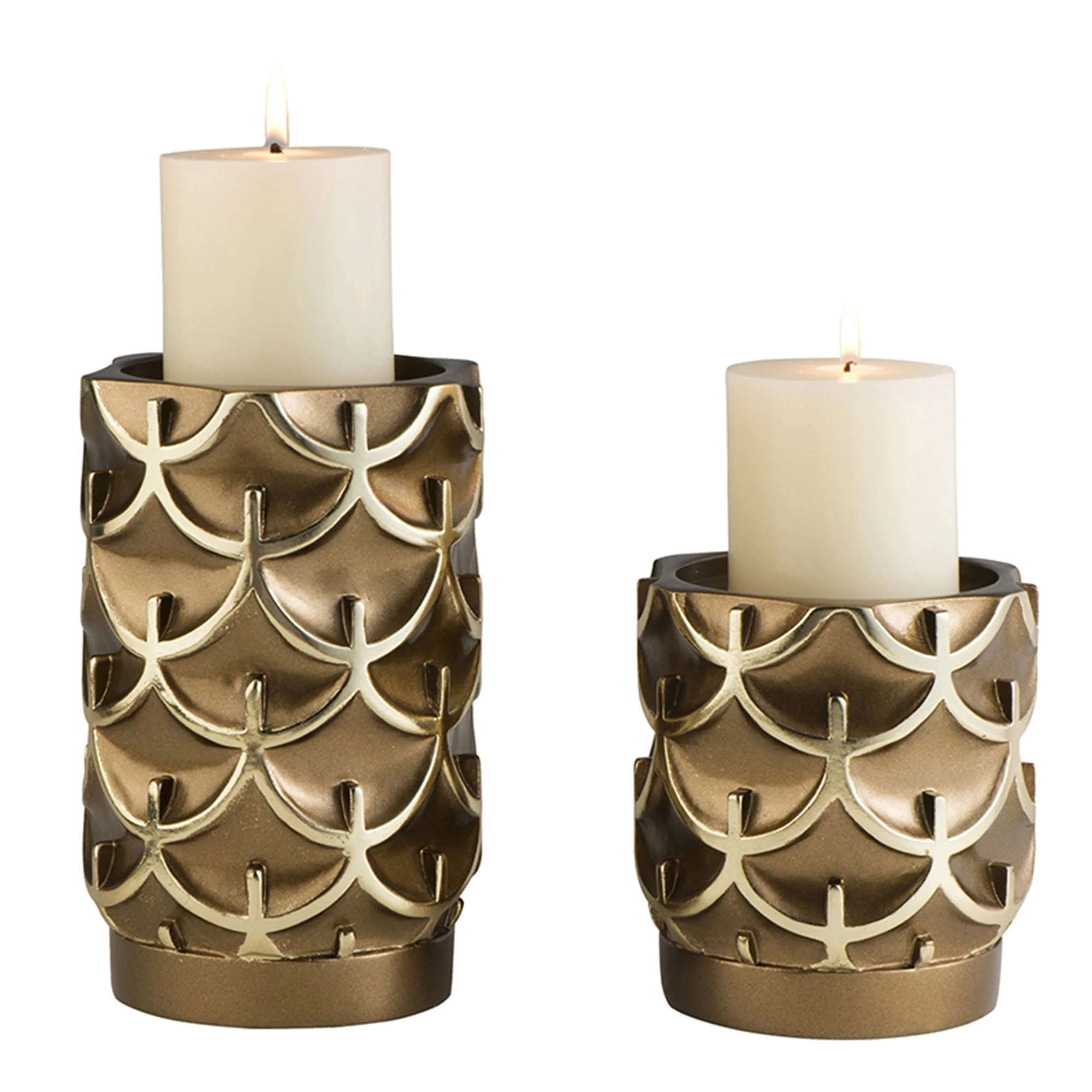 Set Of Two Antiqued Brass Tabletop Pillar Candle Holders By Homeroots - Image 2
