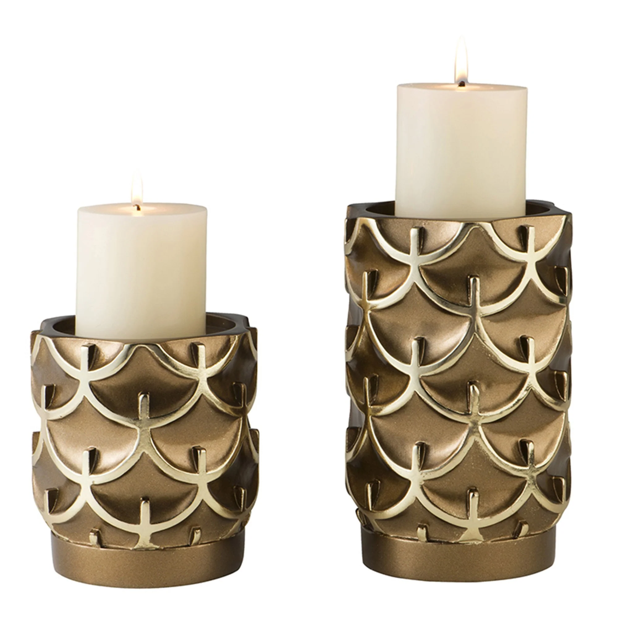 Set Of Two Antiqued Brass Tabletop Pillar Candle Holders By Homeroots - Image 3