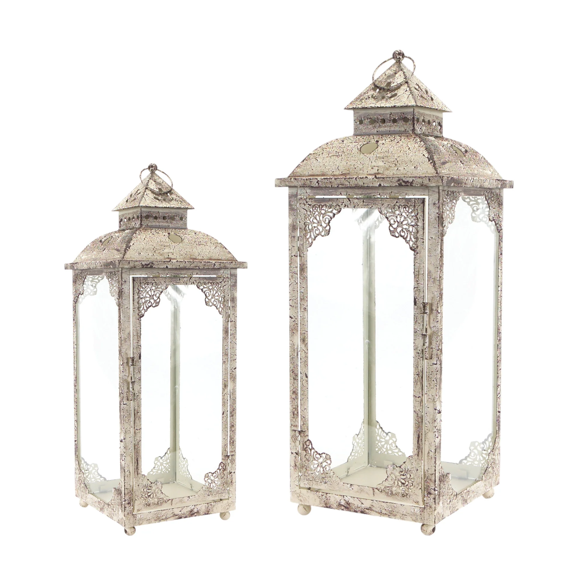 Set of Two Beige Glass and Metal Distressed Floor Lantern Candle Holders By Homeroots - Image 2