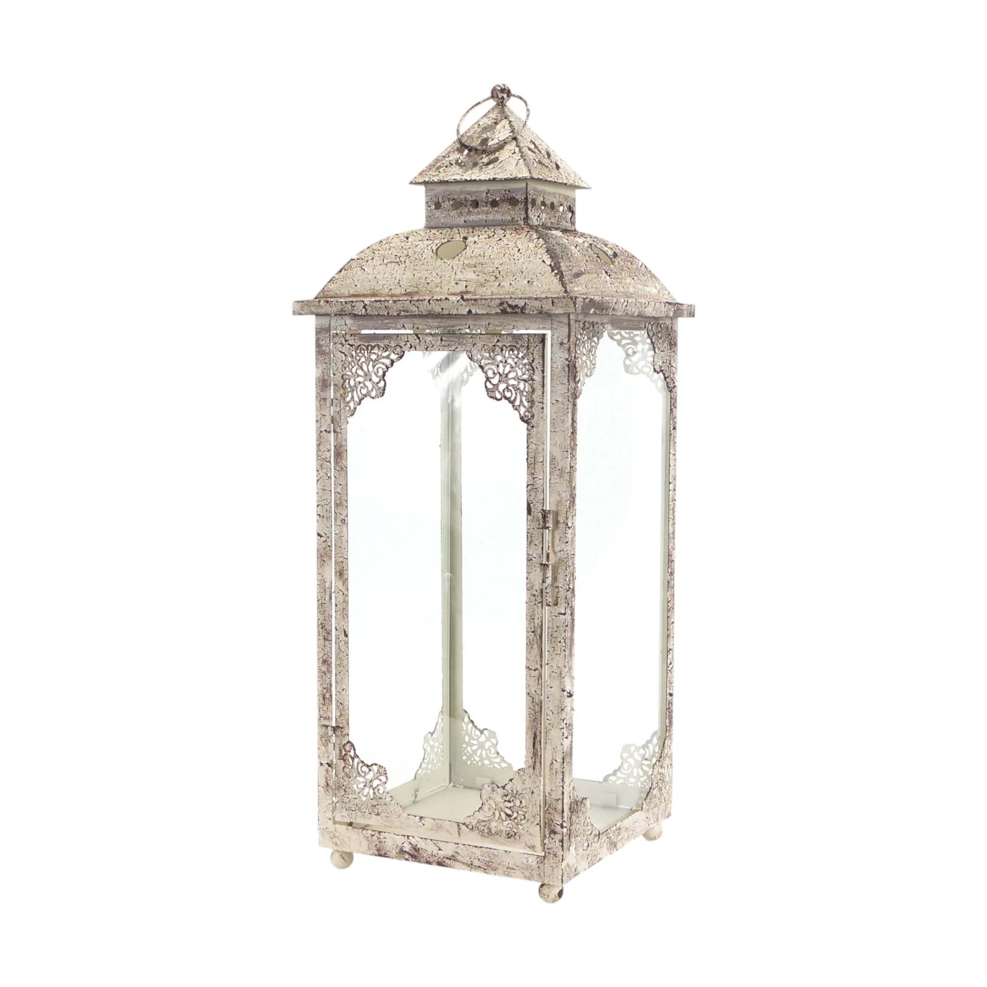 Set of Two Beige Glass and Metal Distressed Floor Lantern Candle Holders By Homeroots - Image 3