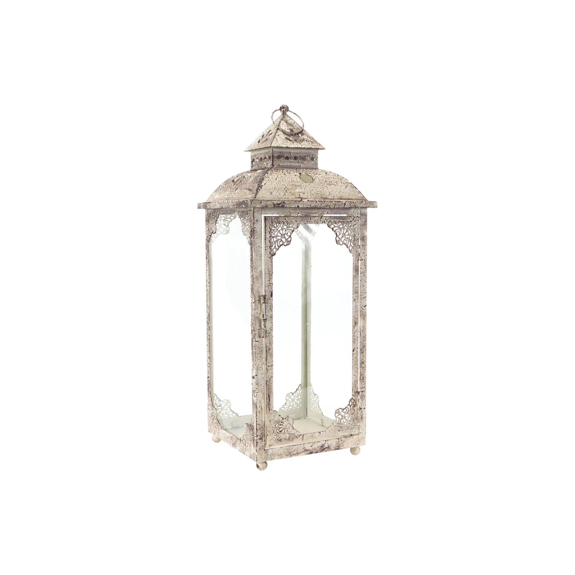 Set of Two Beige Glass and Metal Distressed Floor Lantern Candle Holders By Homeroots - Image 4