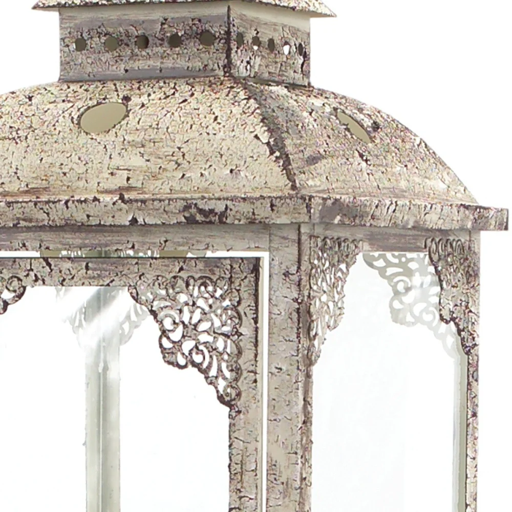 Set of Two Beige Glass and Metal Distressed Floor Lantern Candle Holders By Homeroots - Image 5