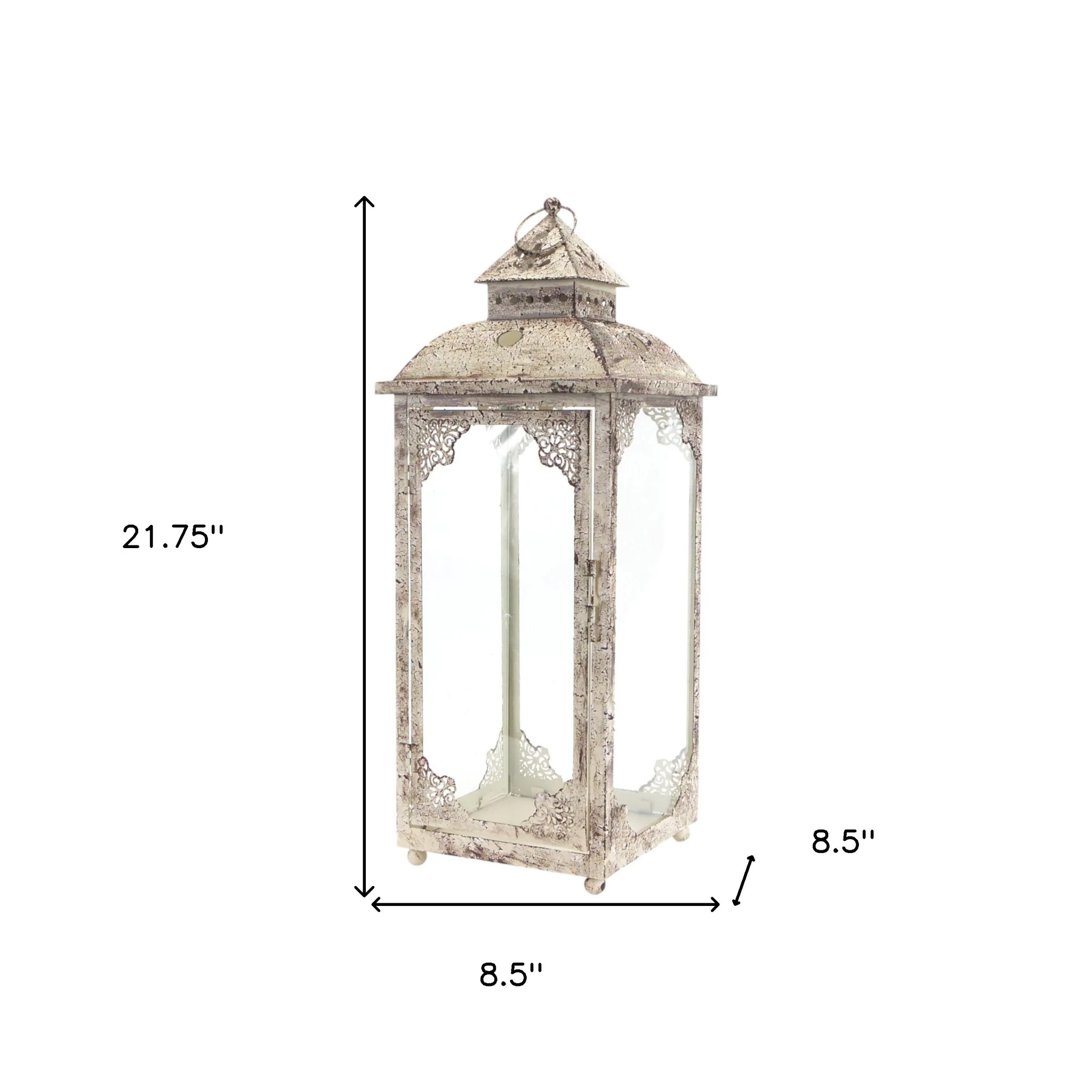 Set of Two Beige Glass and Metal Distressed Floor Lantern Candle Holders By Homeroots - Image 6