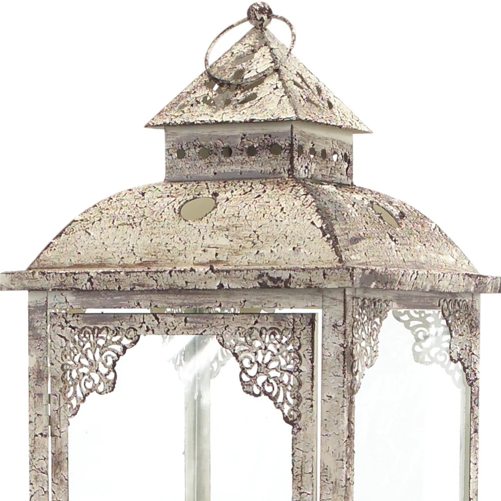 Set of Two Beige Glass and Metal Distressed Floor Lantern Candle Holders By Homeroots - Image 7
