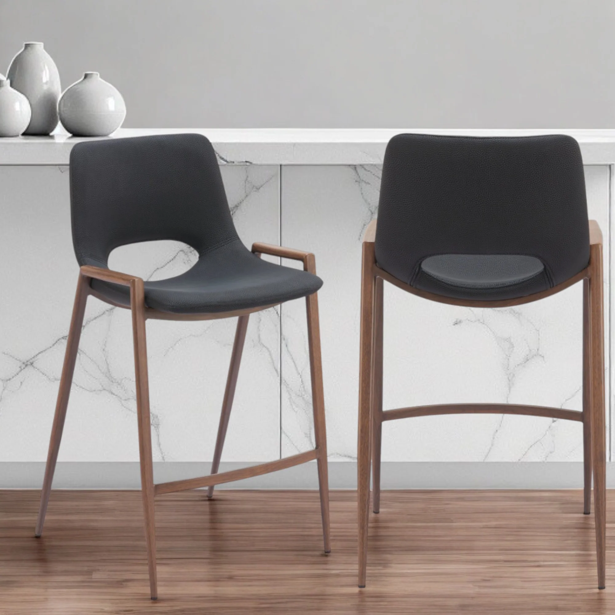 Set of Two Black And Brown Steel Low Back Counter Height Bar Chairs By Homeroots - Image 5