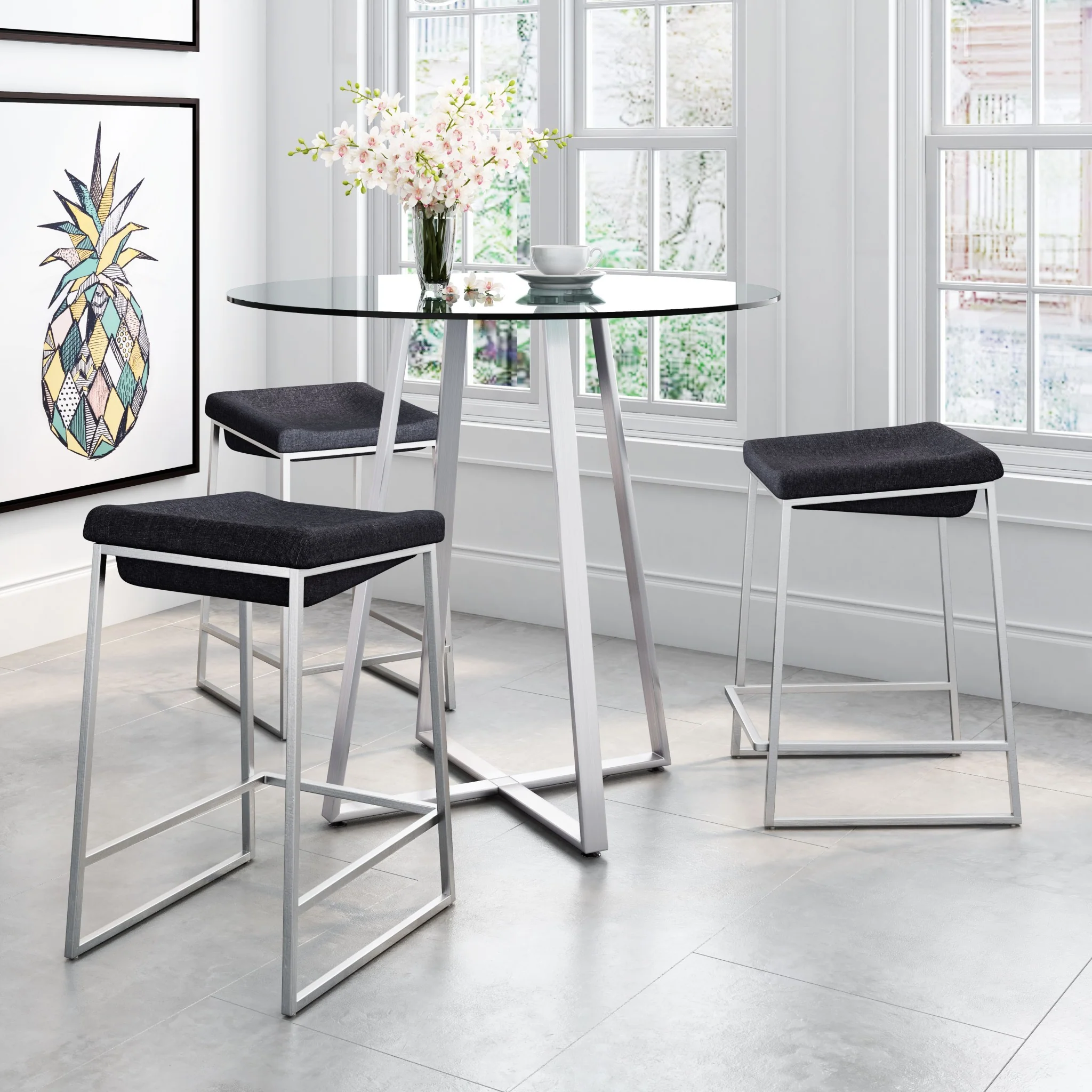 Set of Two " Black and Gray Stainless Steel Swivel Backless Counter Height Bar Chairs with Footrest By Homeroots - Image 7