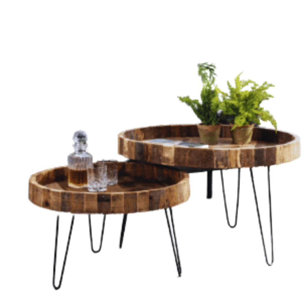 Set Of Two Black And Natural Brown Solid Wood And Iron Round End Tables By Homeroots - Image 4