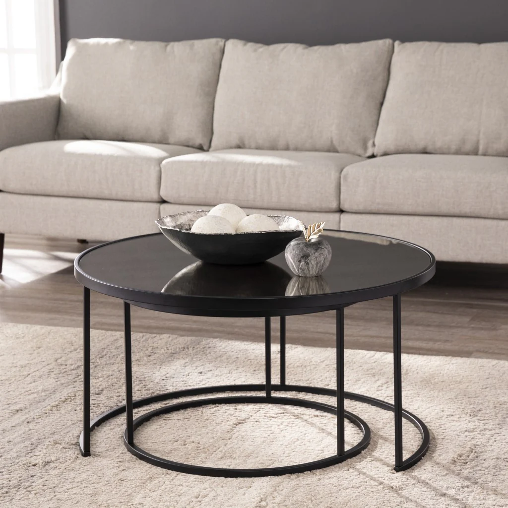 Set of Two Black And Silver Mirrored Round Nested Coffee Table Set By Homeroots - Image 7
