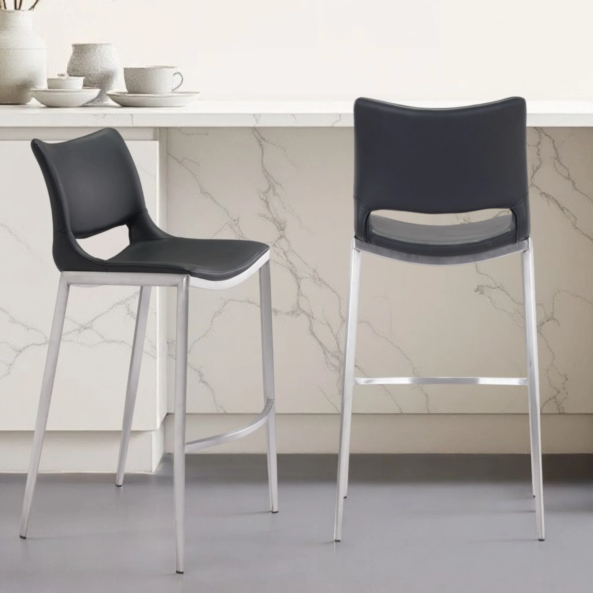 Set of Two Black And Silver Steel Low Back Bar Height Bar Chairs By Homeroots - Image 2