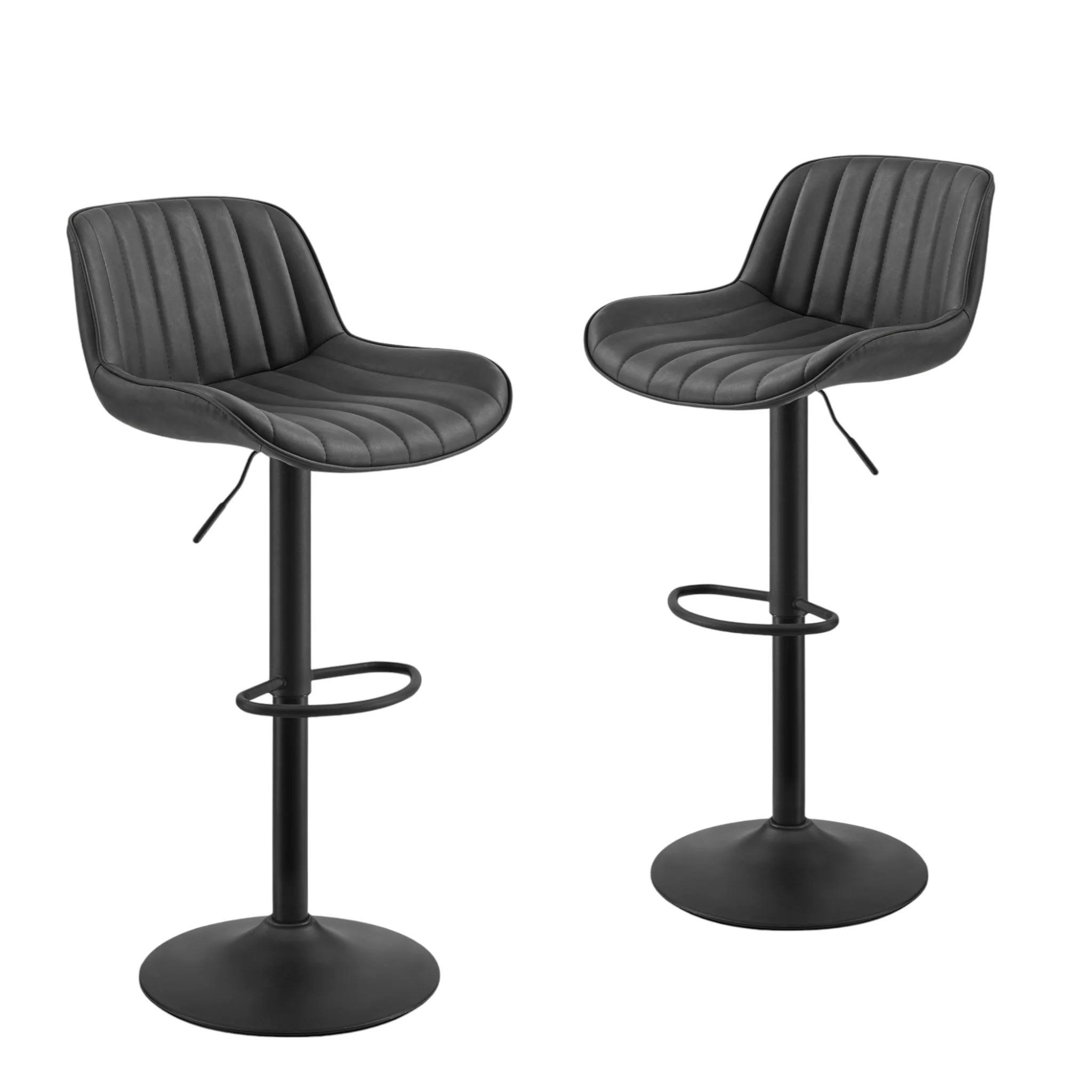 Set of Two Black Faux Leather And Steel Swivel Low Back Adjustable Height Bar Chairs By Homeroots - Image 2