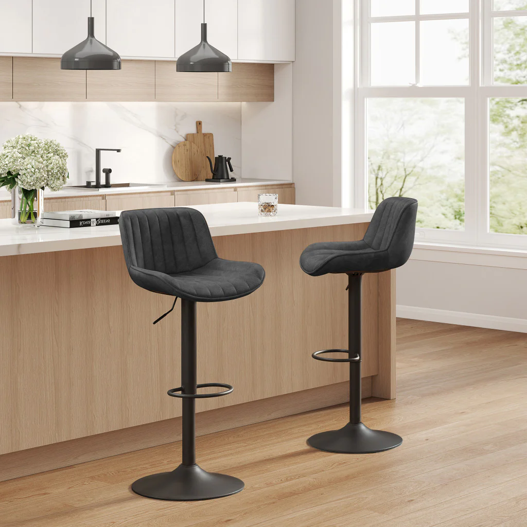 Set of Two Black Faux Leather And Steel Swivel Low Back Adjustable Height Bar Chairs By Homeroots - Image 8