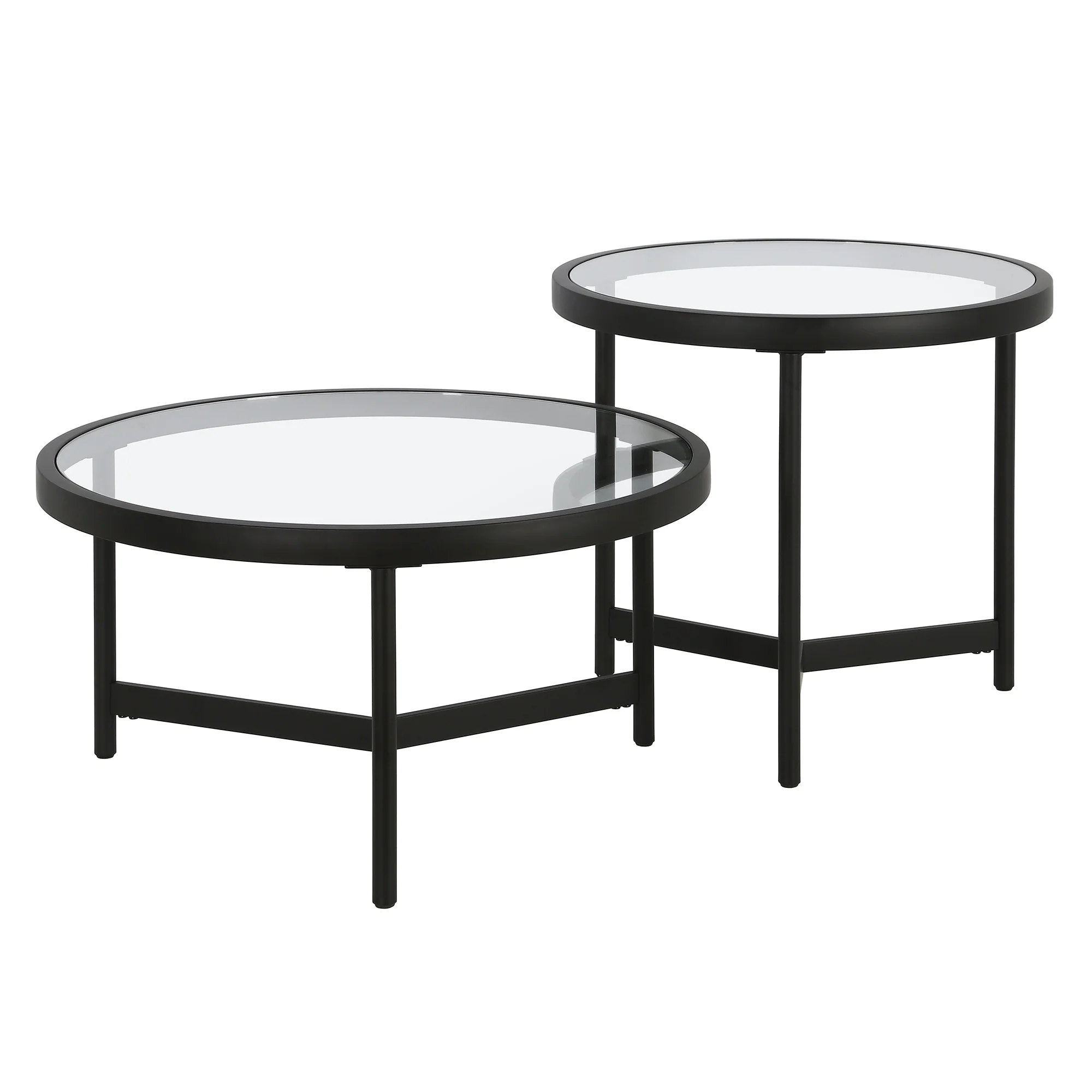 Set of Two Black Glass And Steel Round Nested Coffee Tables By Homeroots - Image 2