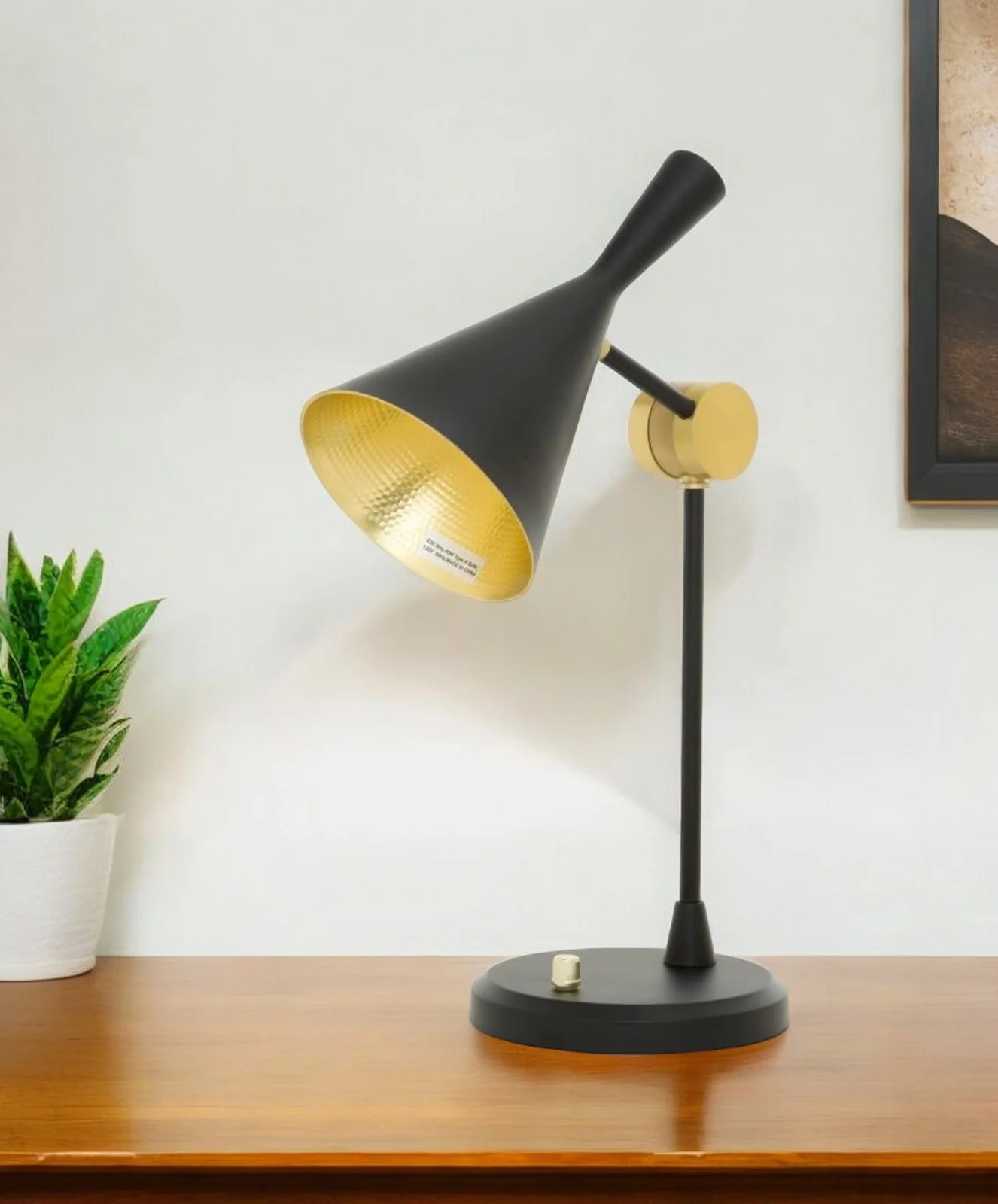 Set of Two Black Metal Geometric Desk Table Lamps With Black and Gold Cone Shade By Homeroots - Image 2