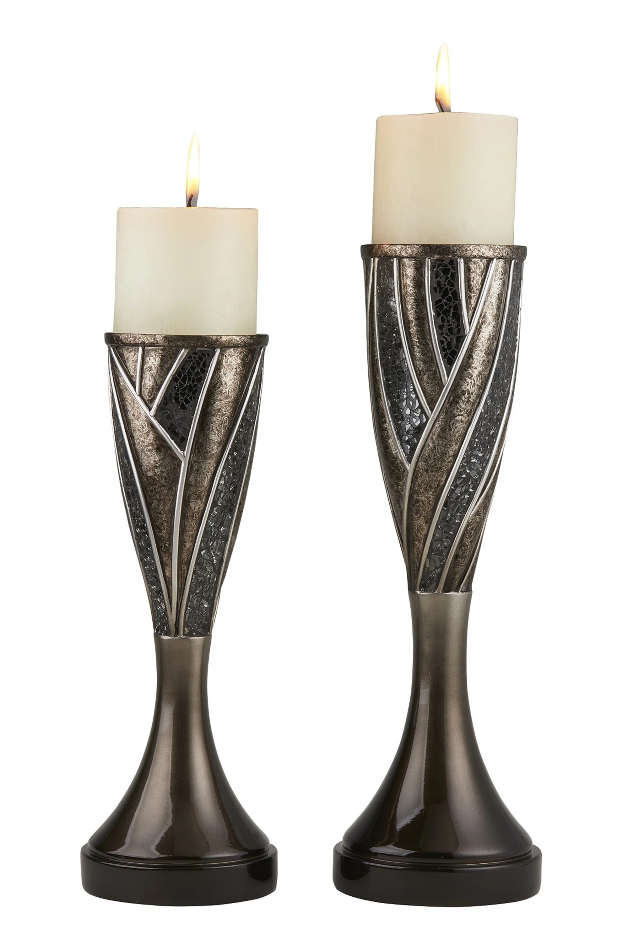Set of Two Black Silver and Bronze Polyresin Abstract Centerpiece Pillar Candle Holders With Candle By Homeroots - Image 3