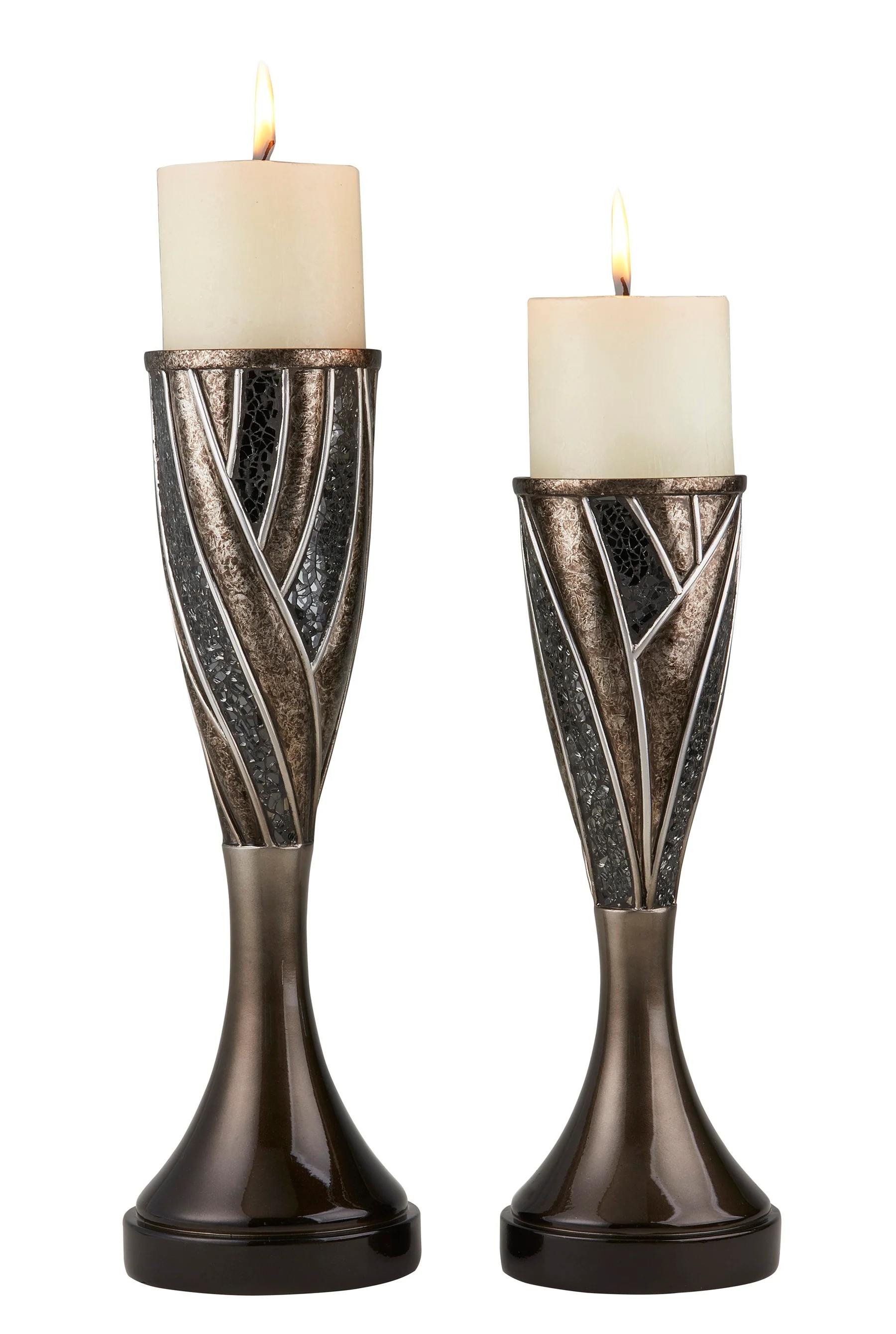 Set of Two Black Silver and Bronze Polyresin Abstract Centerpiece Pillar Candle Holders With Candle By Homeroots - Image 4