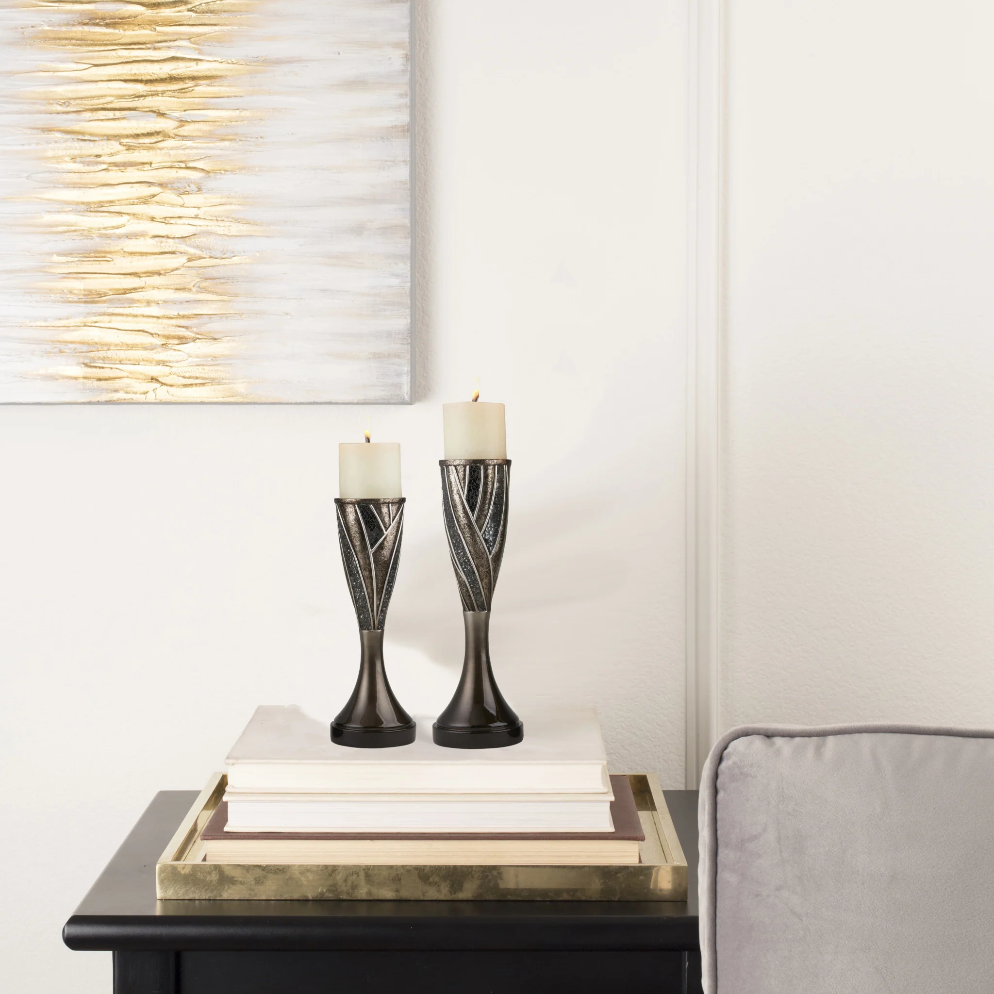 Set of Two Black Silver and Bronze Polyresin Abstract Centerpiece Pillar Candle Holders With Candle By Homeroots - Image 7