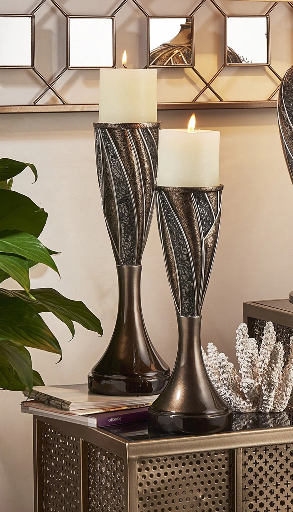 Set of Two Black Silver and Bronze Polyresin Abstract Centerpiece Pillar Candle Holders With Candle By Homeroots - Image 8