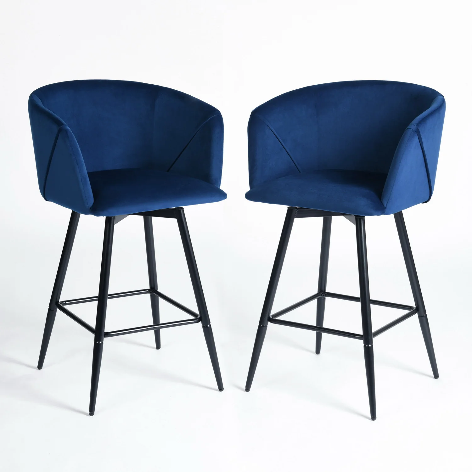 Set of Two Blue And Black Velvet And Steel Low Back Bar Height Bar Chairs By Homeroots - Image 6