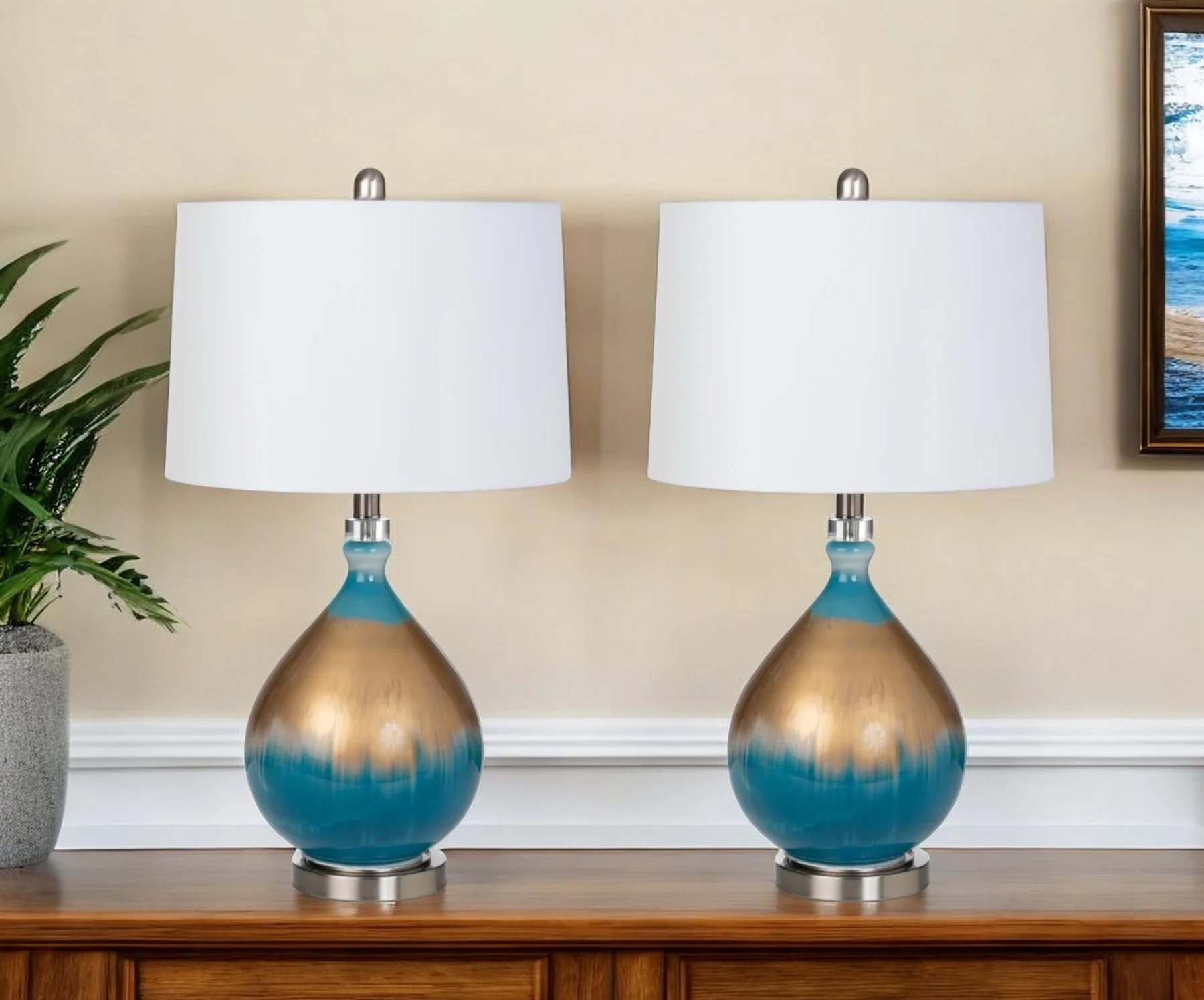 Set of Two Blue and Gold Ombre Glass Table Lamps With White Empire Shade By Homeroots - Image 2