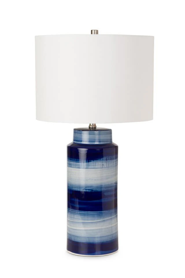 Set of Two Blue and White Ceramic Cylinder Table Lamps With White Drum Shade By Homeroots - Image 2