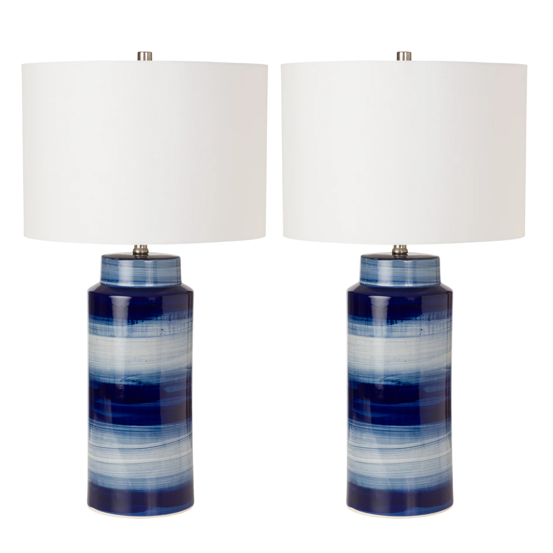 Set of Two Blue and White Ceramic Cylinder Table Lamps With White Drum Shade By Homeroots - Image 3