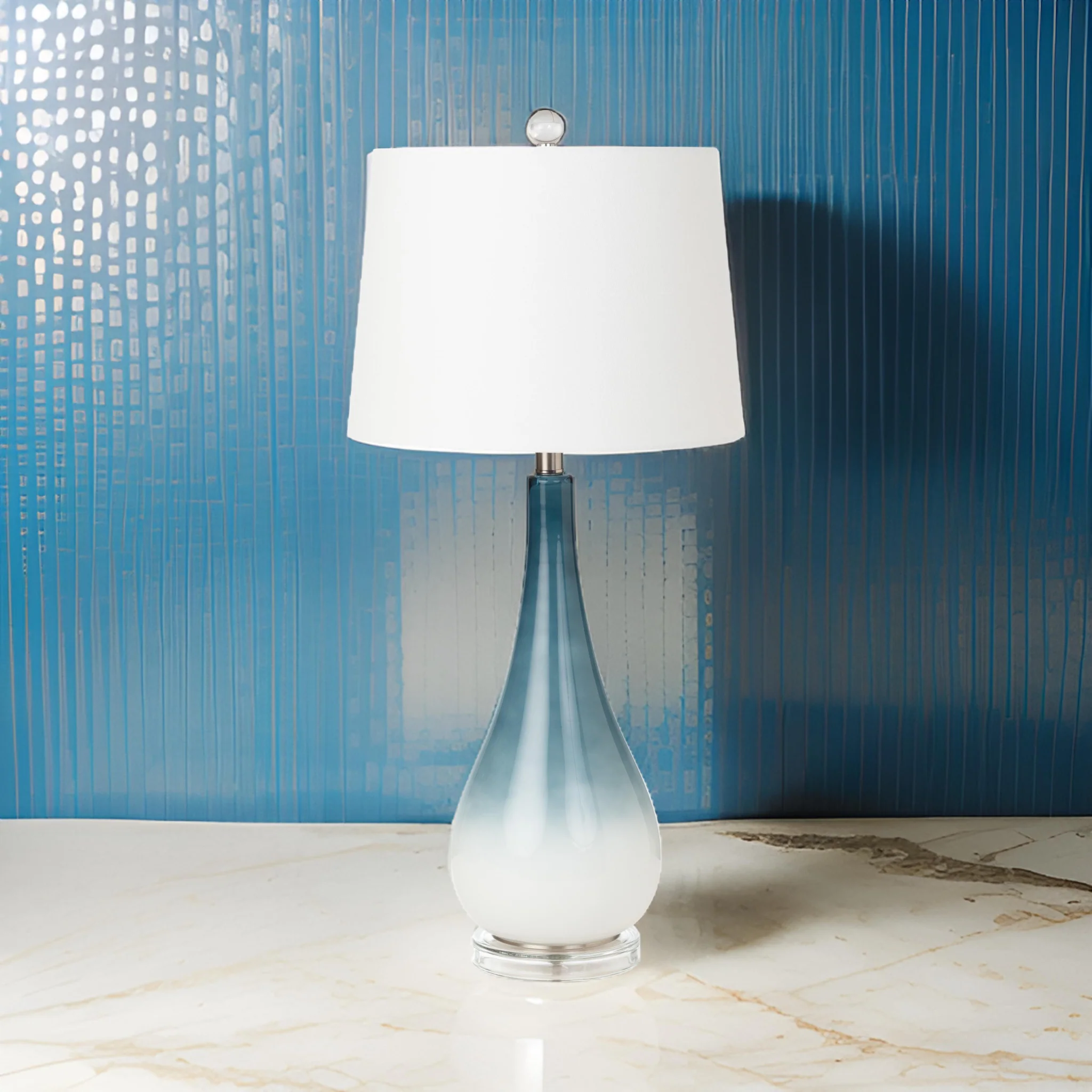 Set of Two Blue and White Glass Table Lamps With White Empire Shade By Homeroots - Image 7