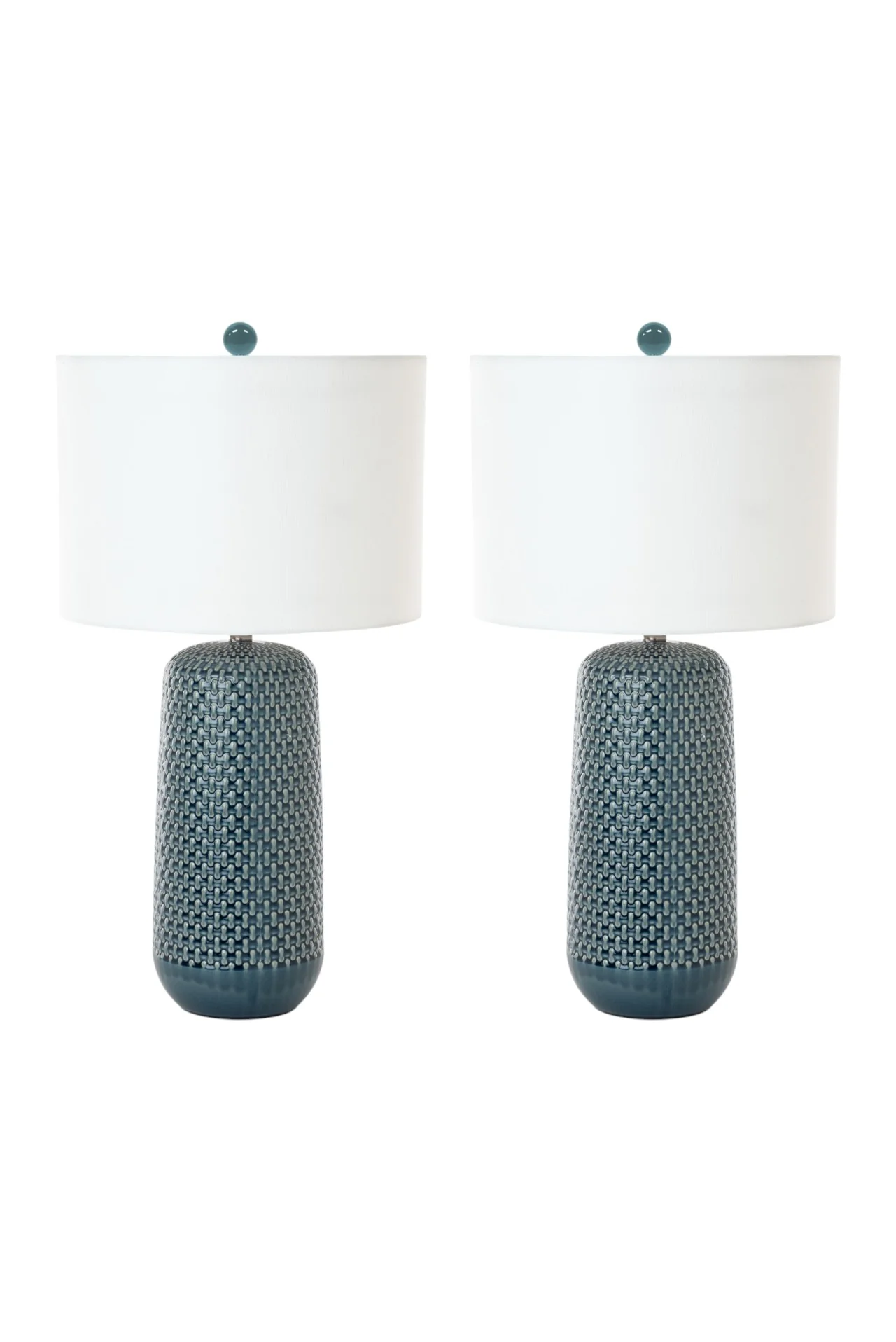 Set of Two Blue Ceramic Geometric Table Lamp With White Drum Shade By Homeroots - Image 3