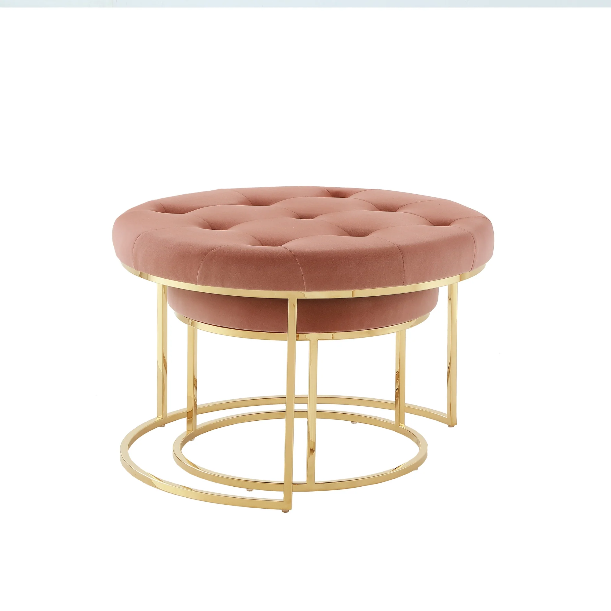 Set of Two Blush Velvet and Gold Tufted Round Ottoman By Homeroots - Image 2