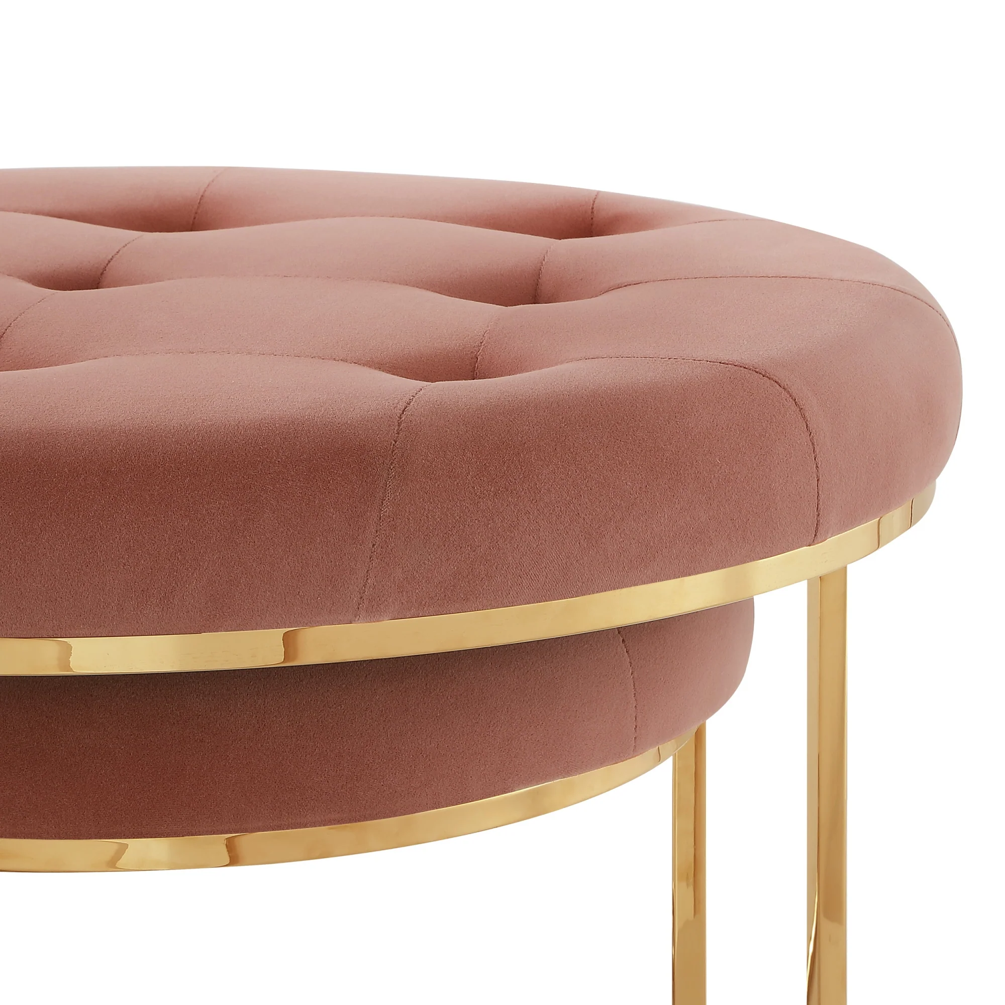Set of Two Blush Velvet and Gold Tufted Round Ottoman By Homeroots - Image 3
