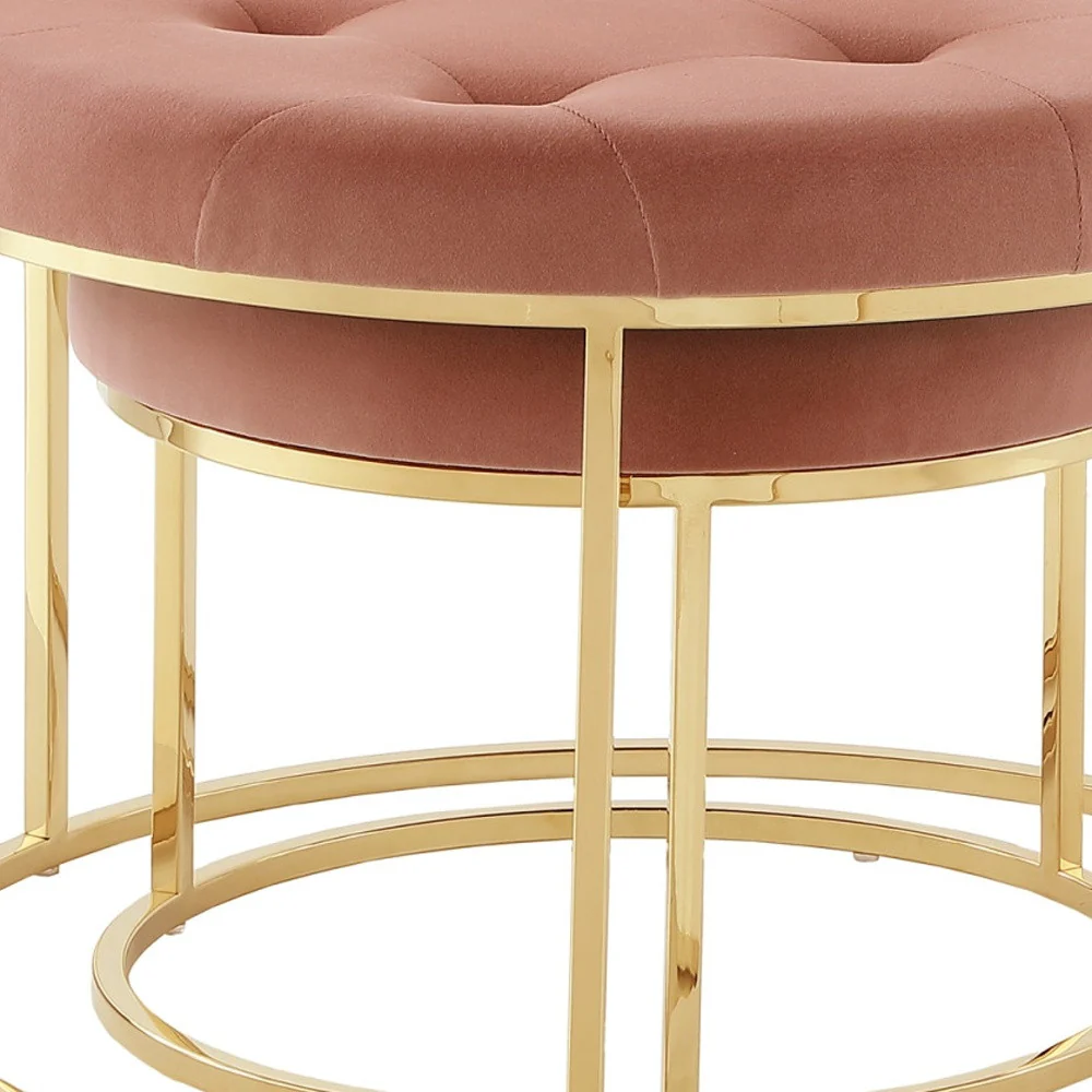 Set of Two Blush Velvet and Gold Tufted Round Ottoman By Homeroots - Image 6