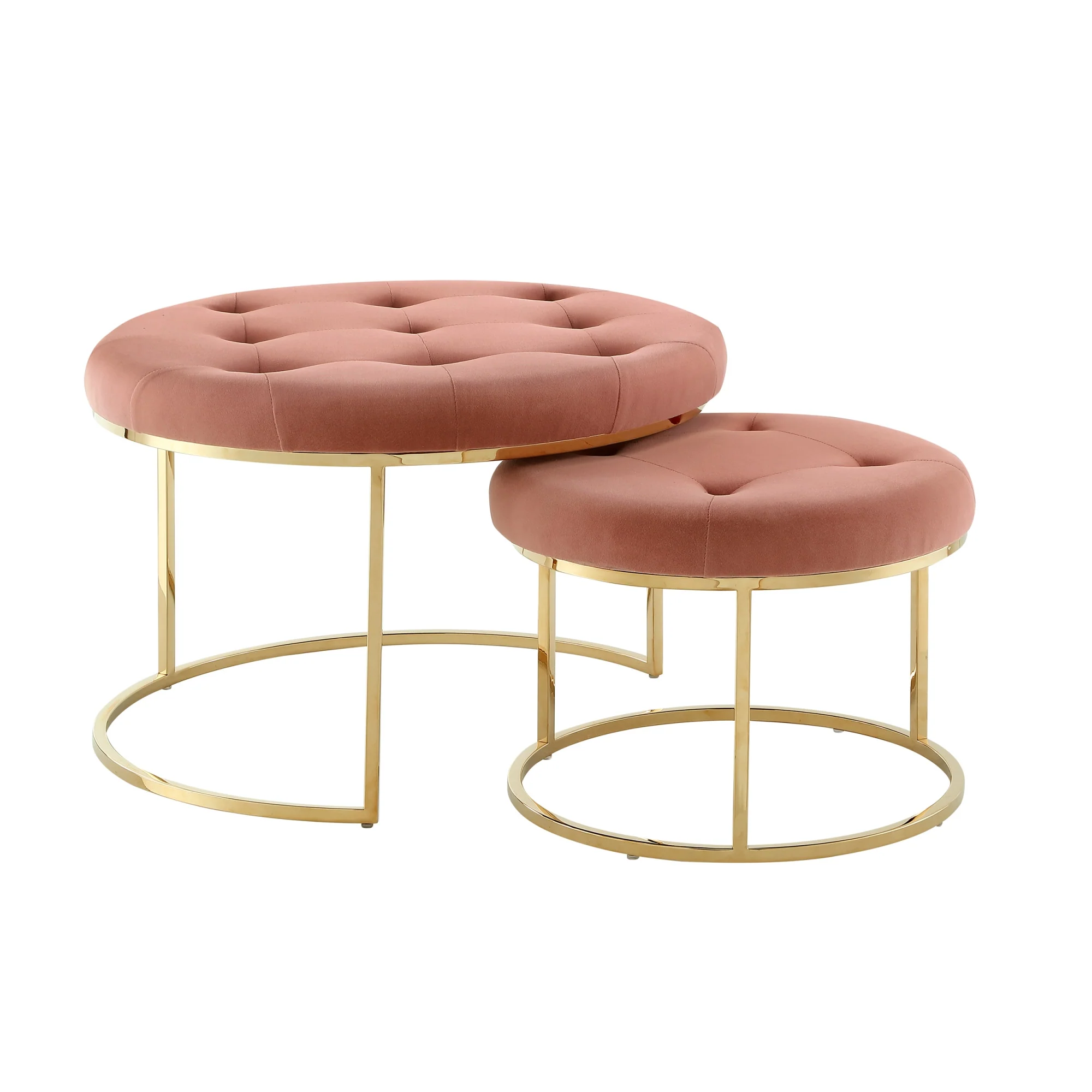 Set of Two Blush Velvet and Gold Tufted Round Ottoman By Homeroots - Image 7