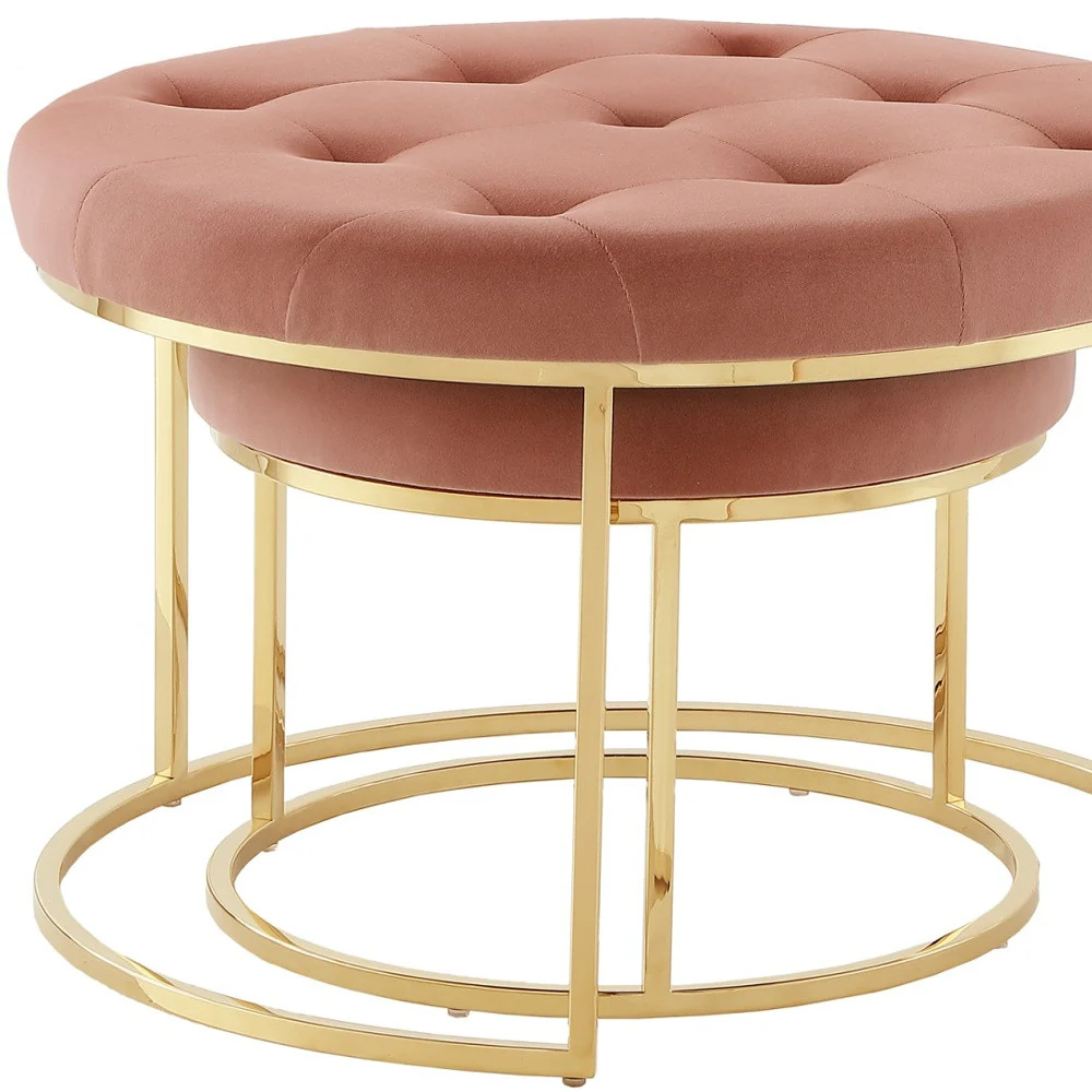 Set of Two Blush Velvet and Gold Tufted Round Ottoman By Homeroots - Image 8