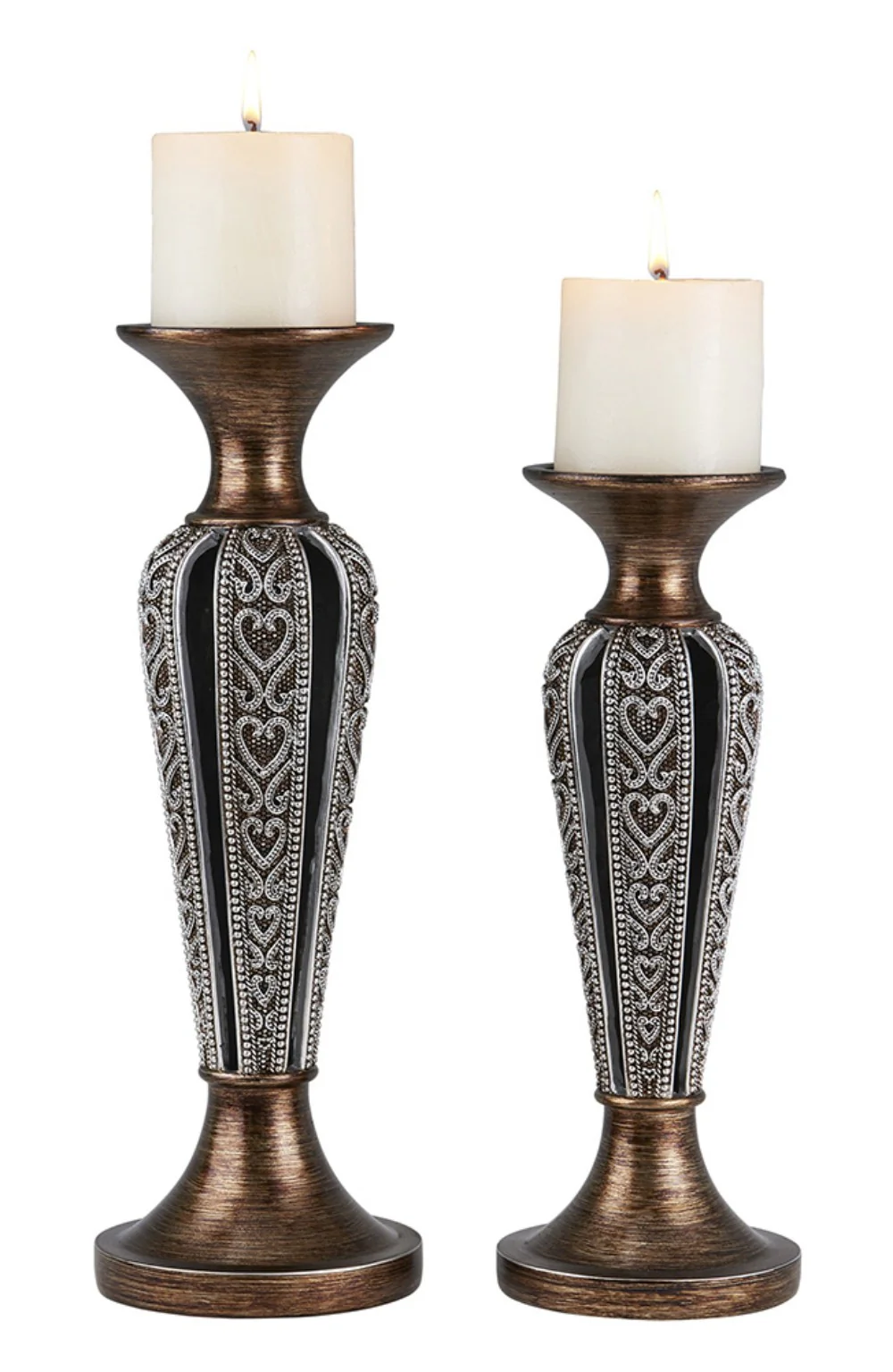 Set of Two Bronze and Silver Polyresin Hearts Centerpiece Pillar Candle Holders With Candle By Homeroots - Image 2