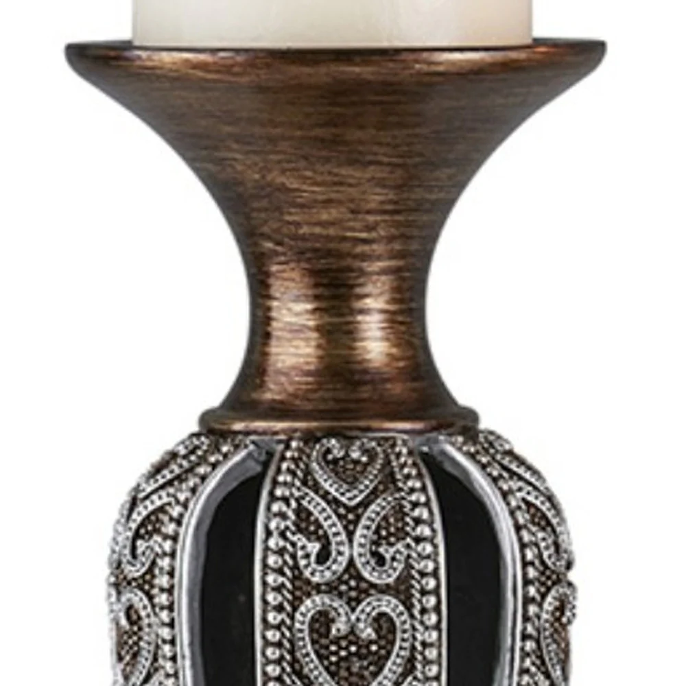 Set of Two Bronze and Silver Polyresin Hearts Centerpiece Pillar Candle Holders With Candle By Homeroots - Image 4