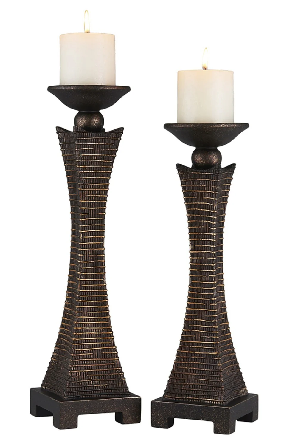 Set of Two Bronze Polyresin Woven Tabletop Pillar Candle Holders With Candle By Homeroots - Image 2