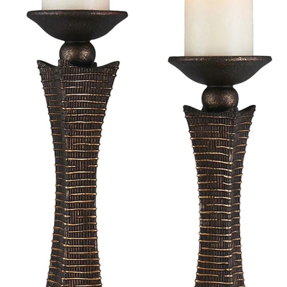 Set of Two Bronze Polyresin Woven Tabletop Pillar Candle Holders With Candle By Homeroots - Image 4
