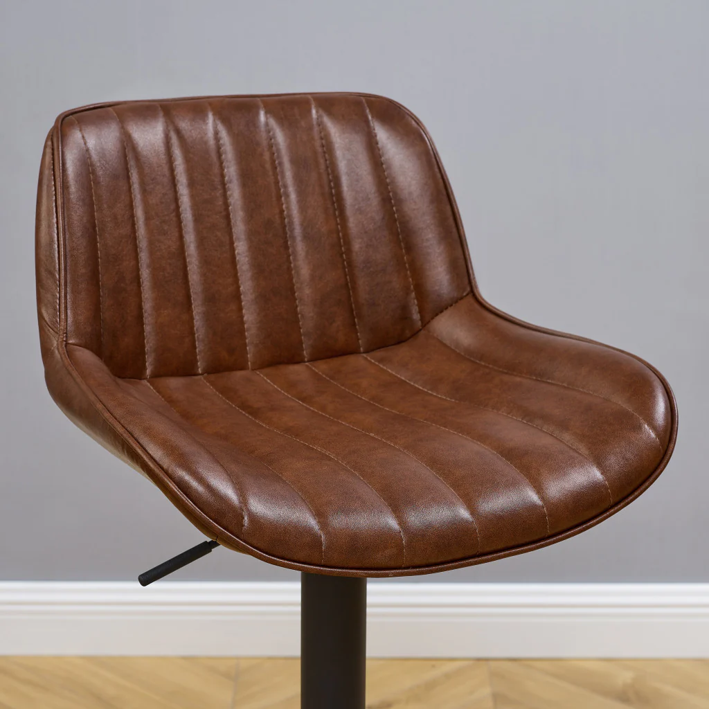Set of Two Brown And Black Faux Leather And Steel Low Back Adjustable Height Swivel Bar Chairs By Homeroots - Image 5