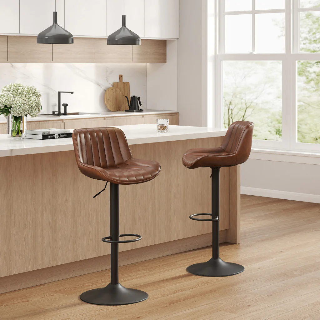Set of Two Brown And Black Faux Leather And Steel Low Back Adjustable Height Swivel Bar Chairs By Homeroots - Image 7